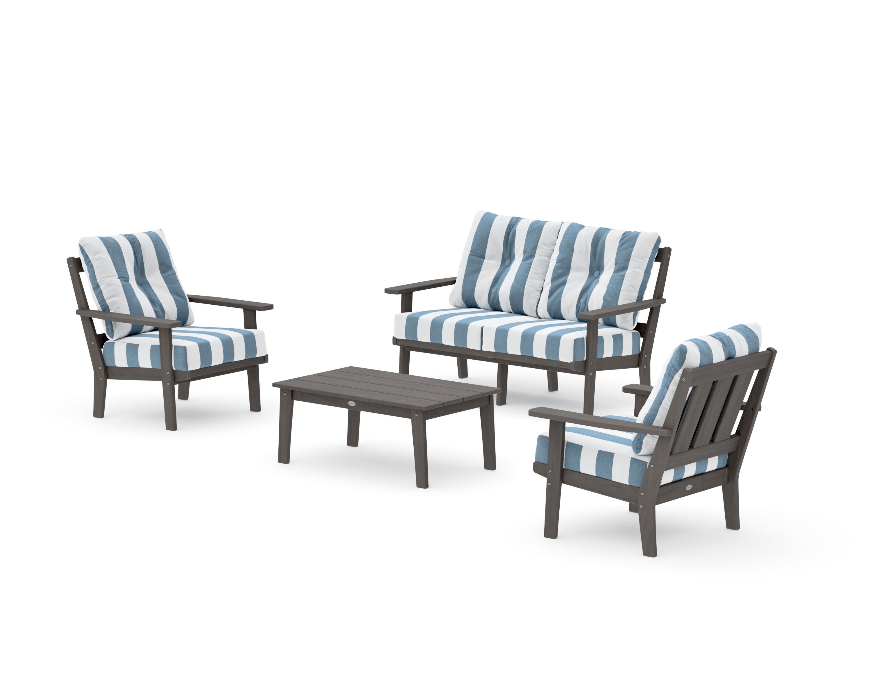 Oxford 4-Piece Deep Seating Set with Loveseat in Driftwood / Cabana Stripe Sky Blue