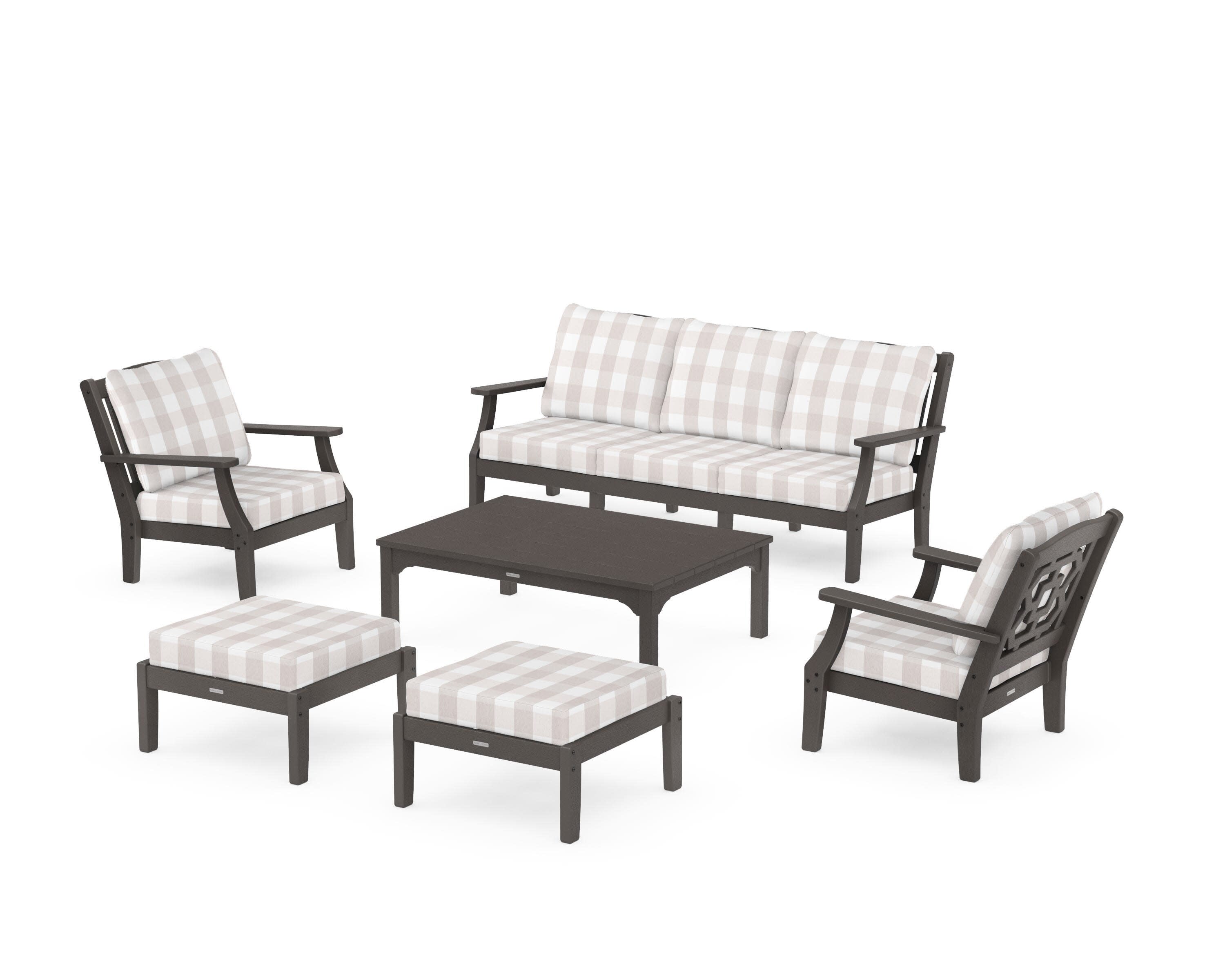 Chinoiserie 6-Piece Lounge Sofa Set in Vintage Coffee / Buffalo Plaid Dune Burlap