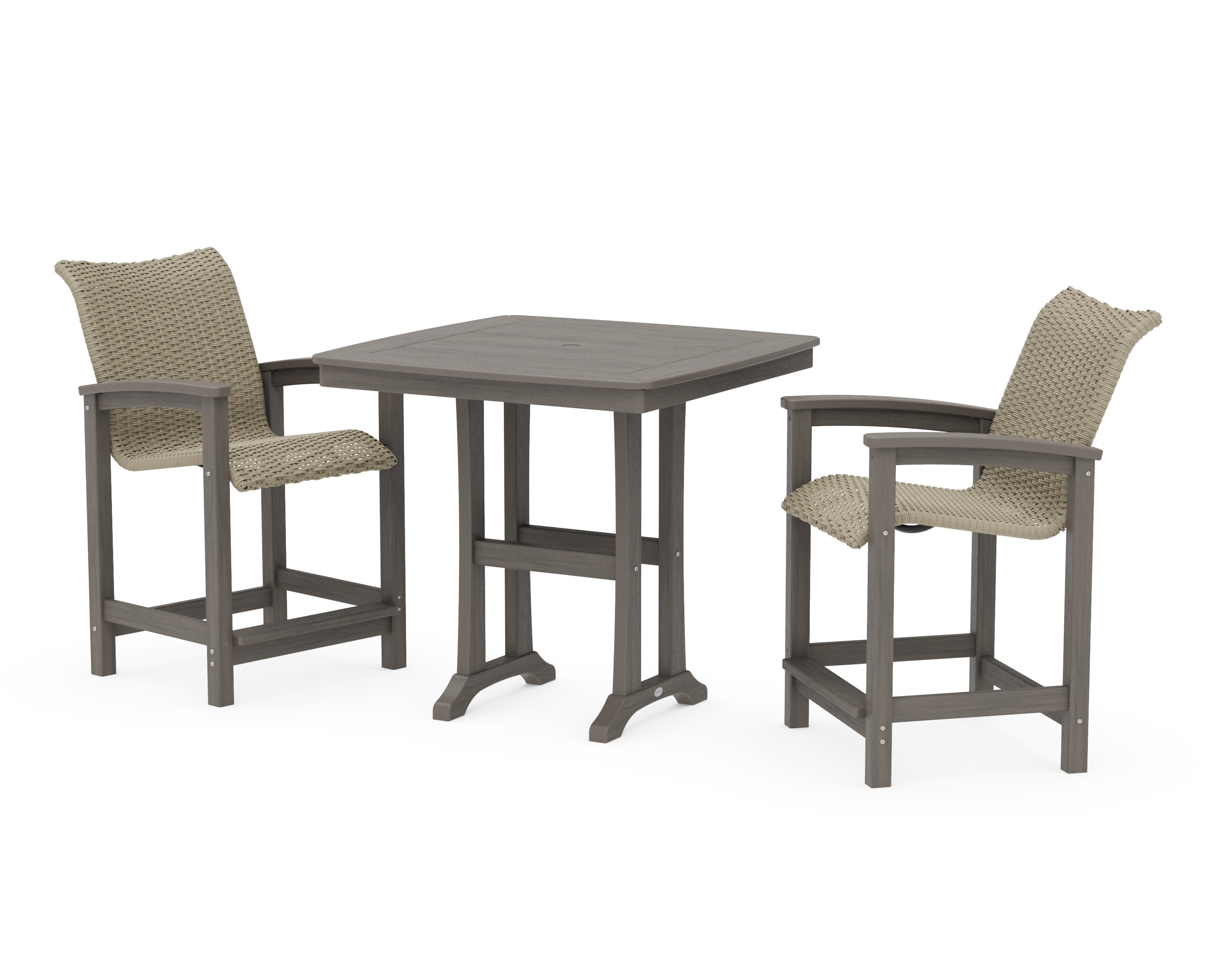 Coastal Woven 3-Piece Counter Set with Trestle Legs in Driftwood / Dune Grass