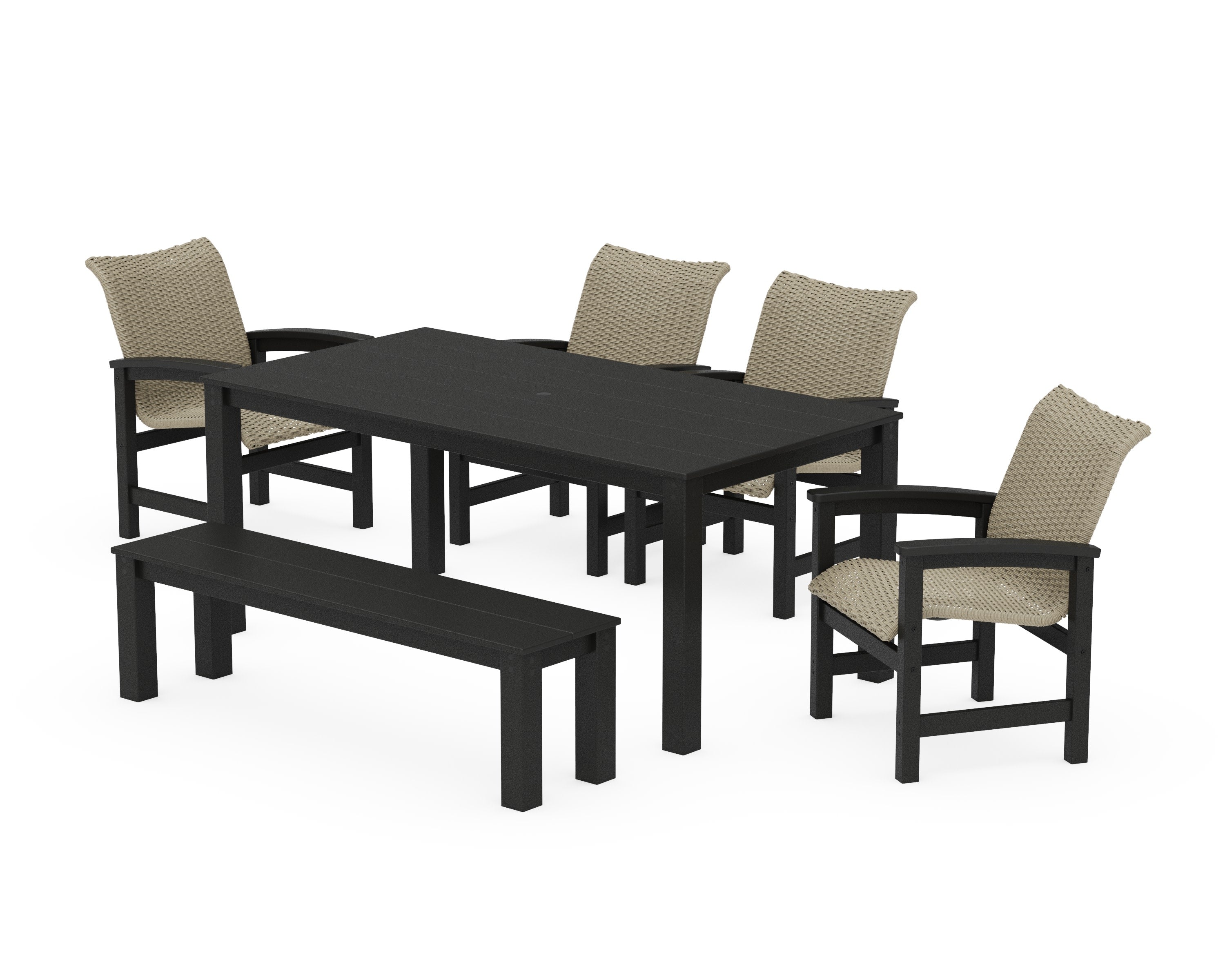 Coastal Woven 6-Piece Parsons Dining Set with Bench in Black / Dune Grass
