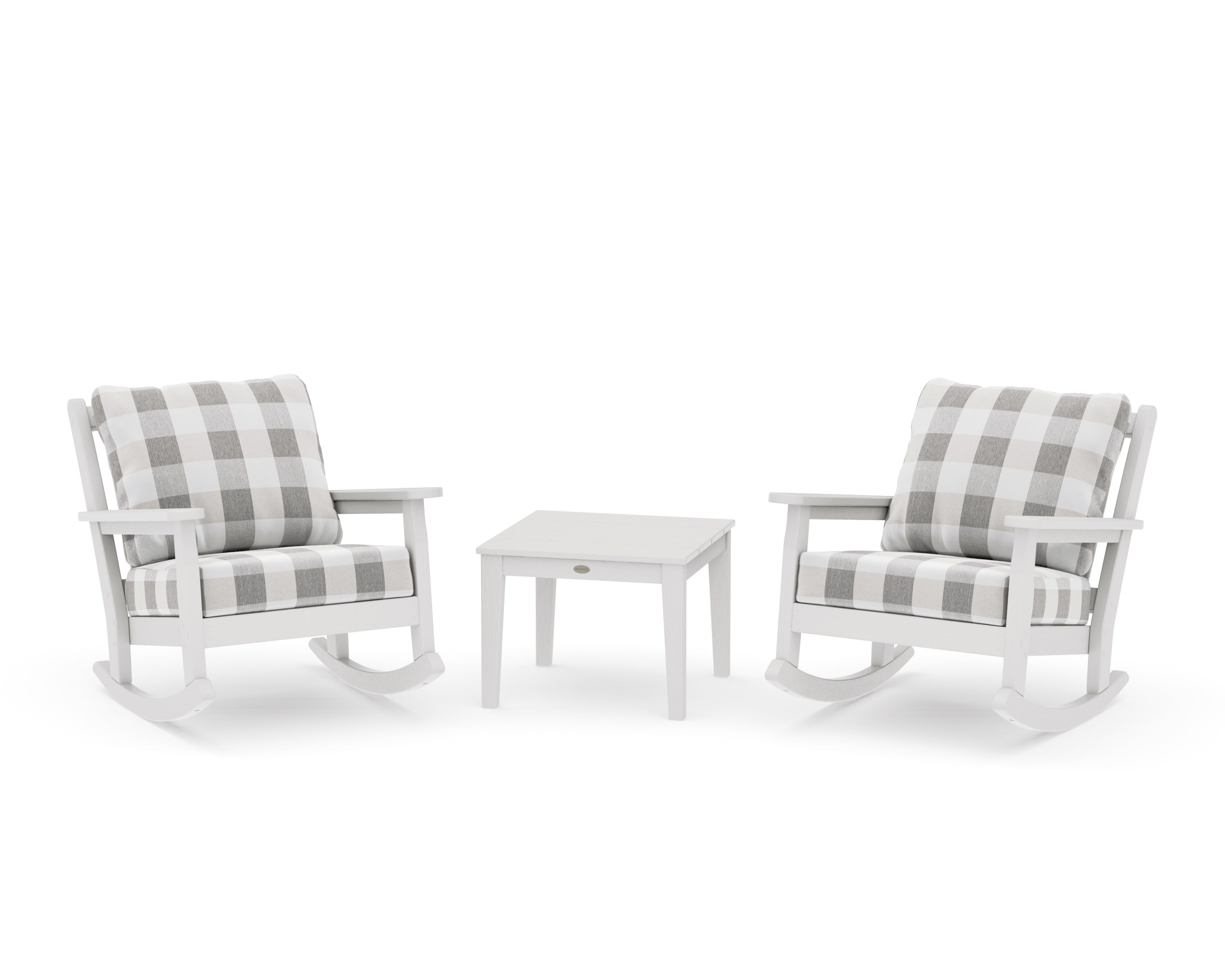 Chippendale 3-Piece Deep Seating Rocker Set in Vintage White / Buffalo Plaid Grey Mist