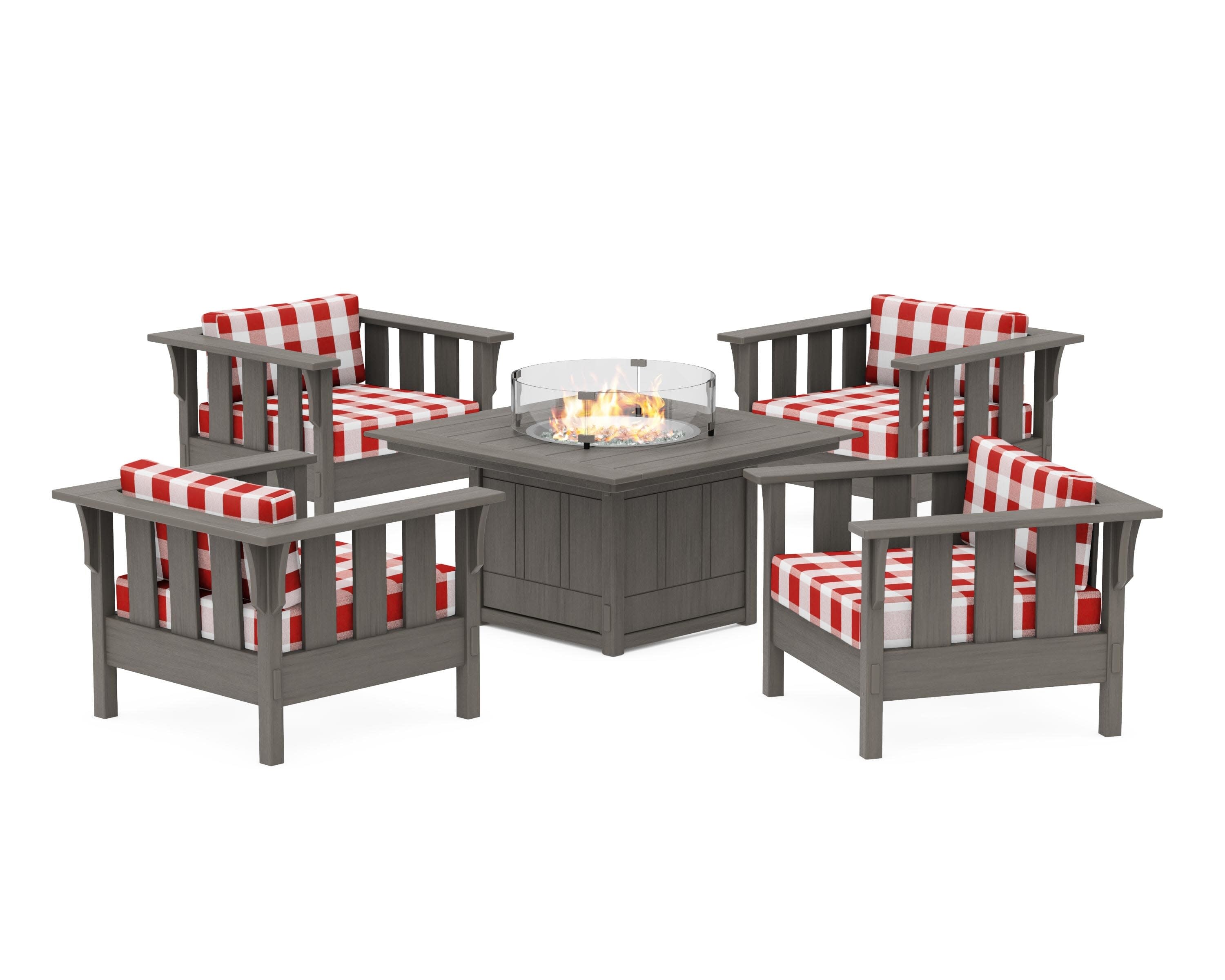 Acadia 5-Piece Deep Seating Set with Fire Pit Table in Driftwood / Buffalo Plaid Crimson