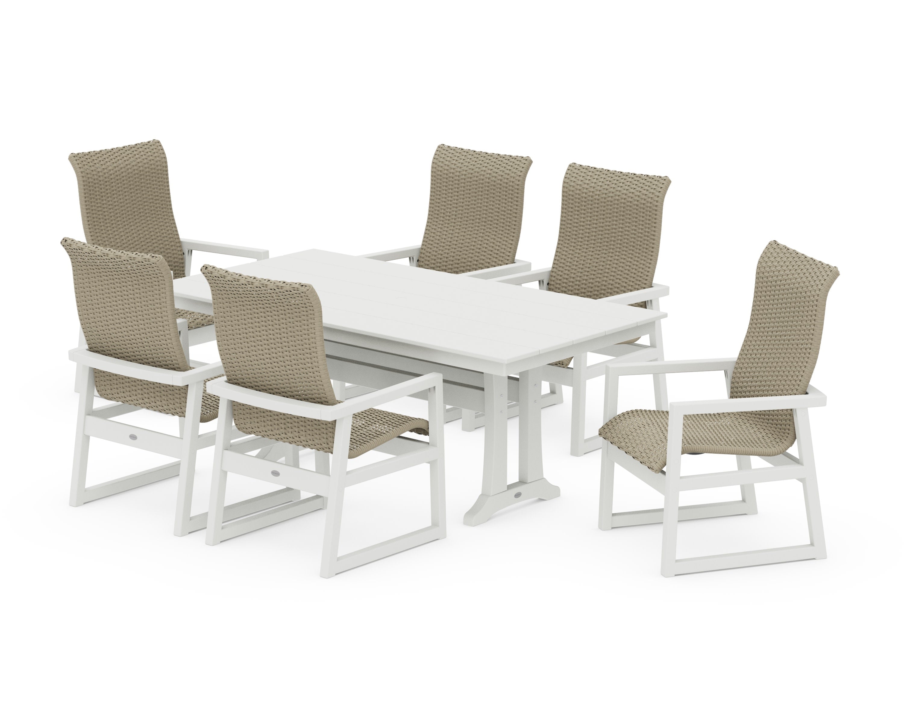 EDGE Woven Highback Arm Chair 7-Piece Farmhouse Dining Set with Trestle Legs in Vintage White / Dune Grass