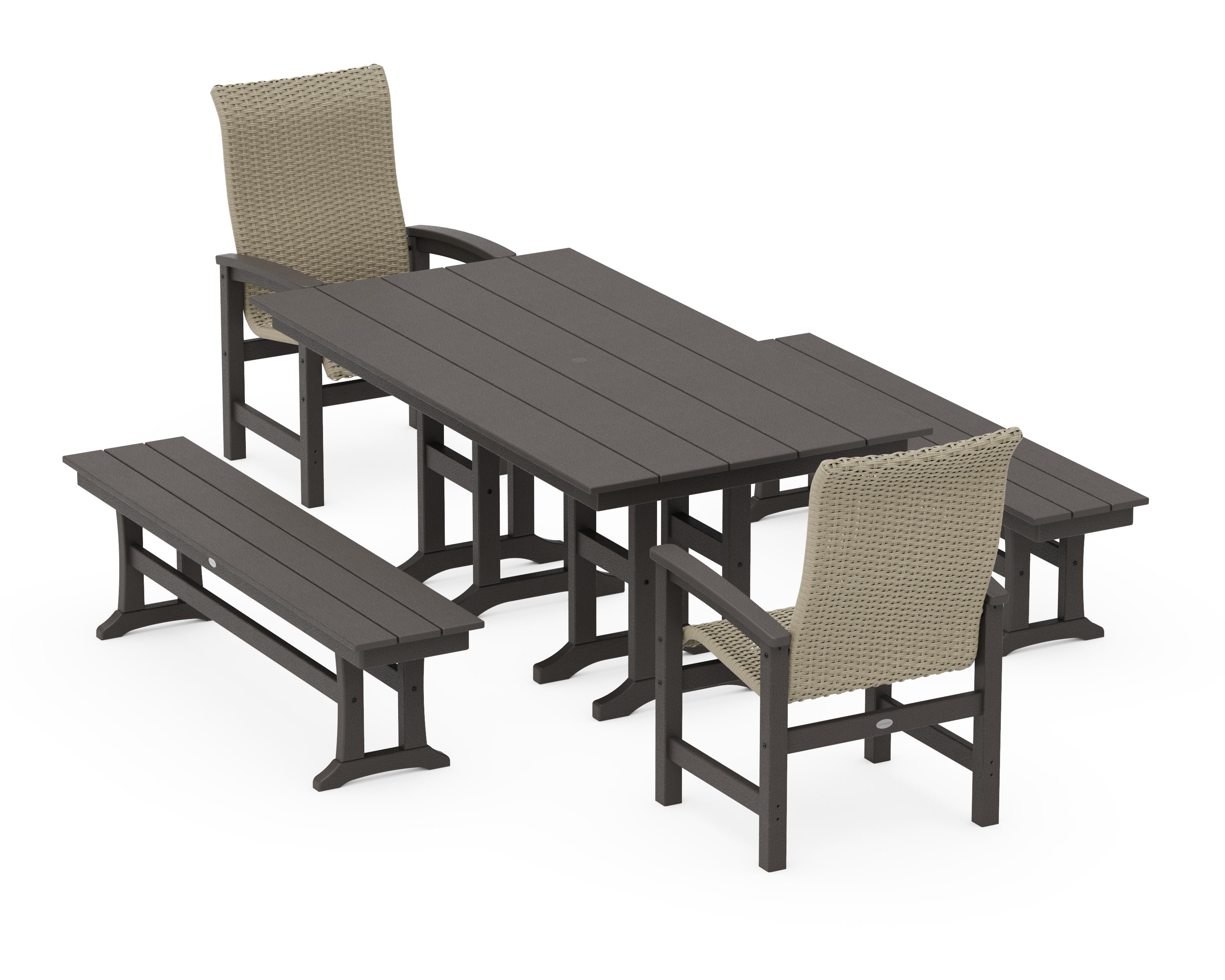 Coastal Woven High-Back 5-Piece Farmhouse Dining Set with Benches in Vintage Coffee / Dune Grass