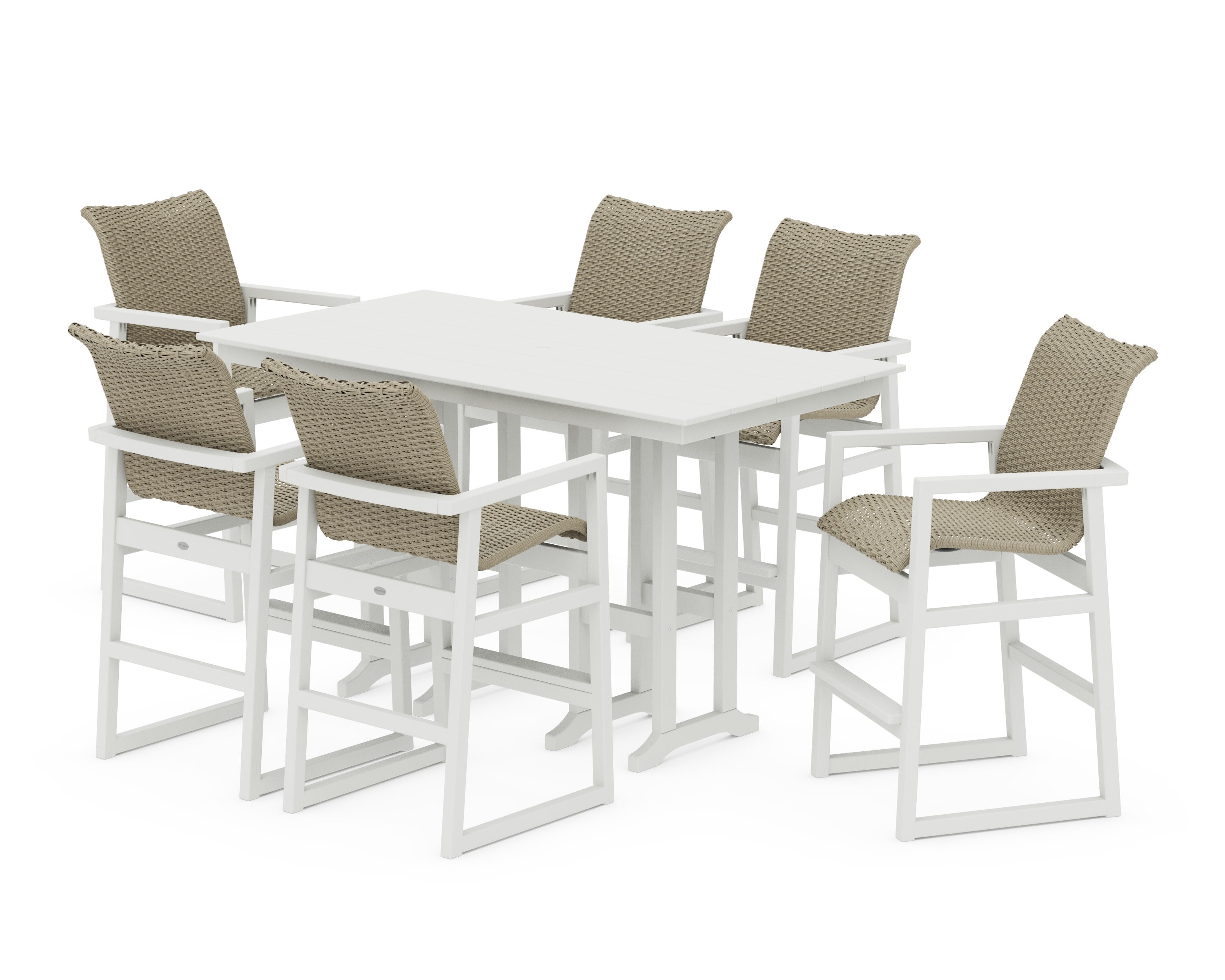 EDGE Woven Arm Chair 7-Piece Farmhouse Bar Set in Vintage White / Dune Grass