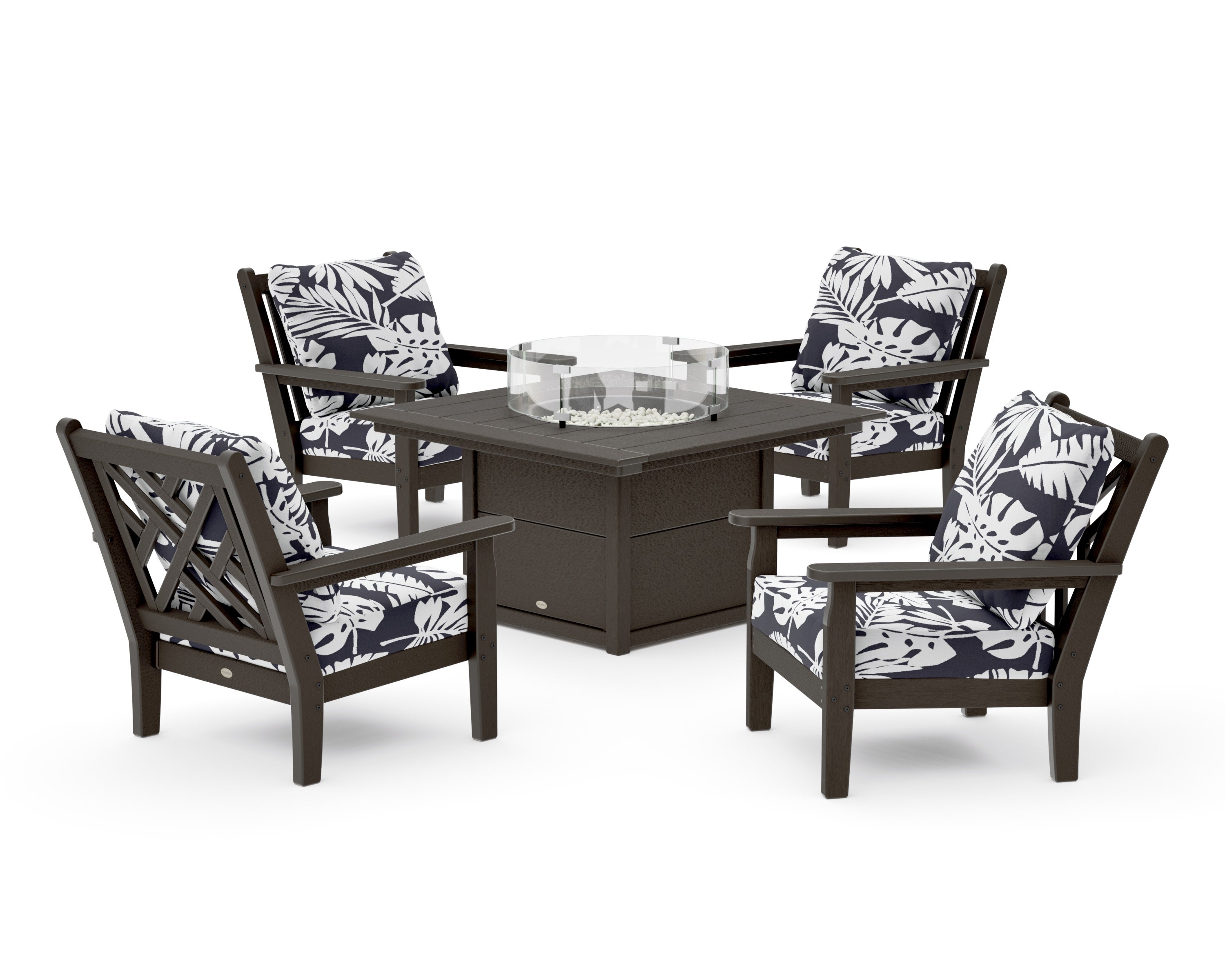 Chippendale 5-Piece Deep Seating Set with Fire Pit Table in Vintage Coffee / Leaf Navy