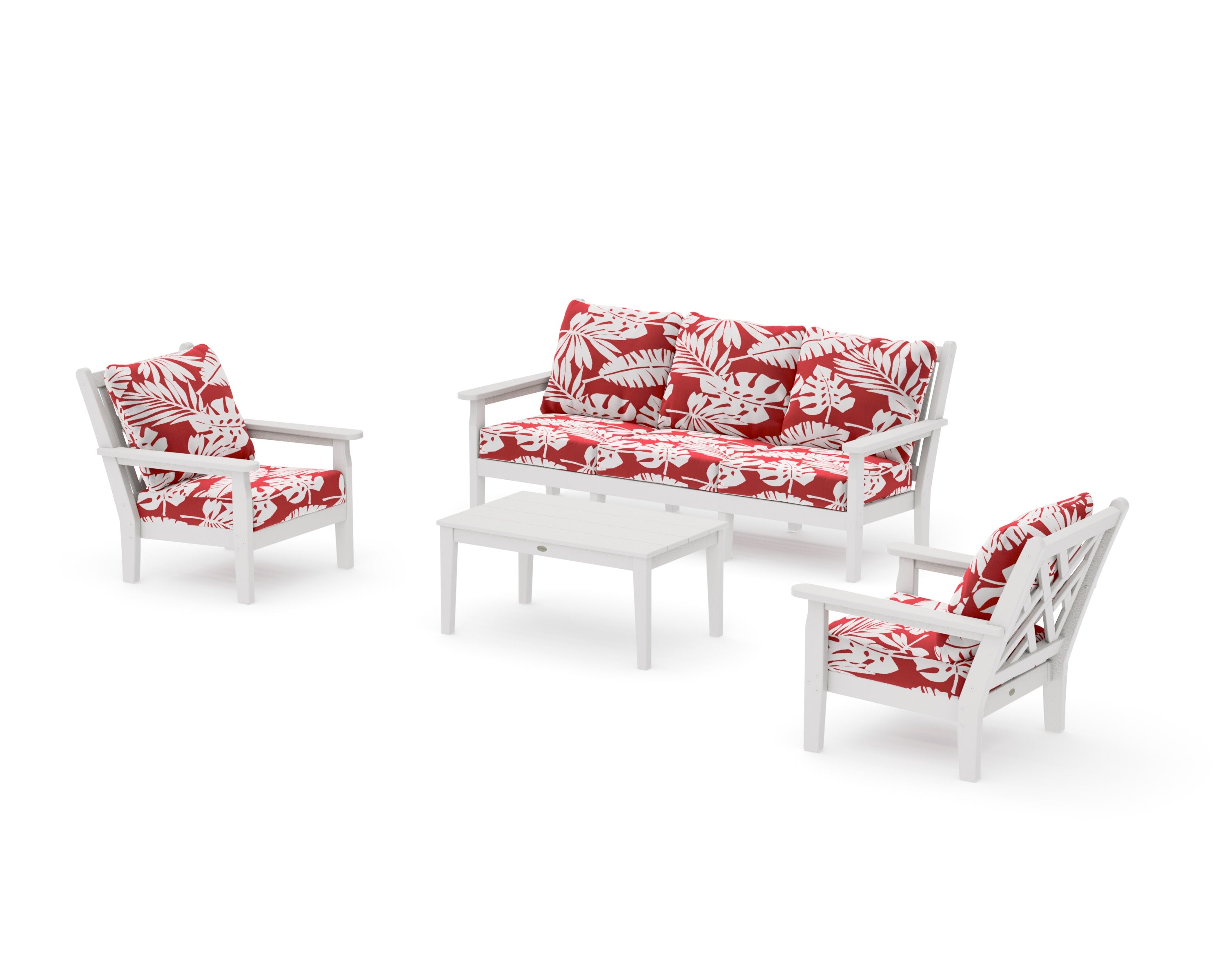 Chippendale 4-Piece Deep Seating Set with Sofa in Vintage White / Leaf Crimson