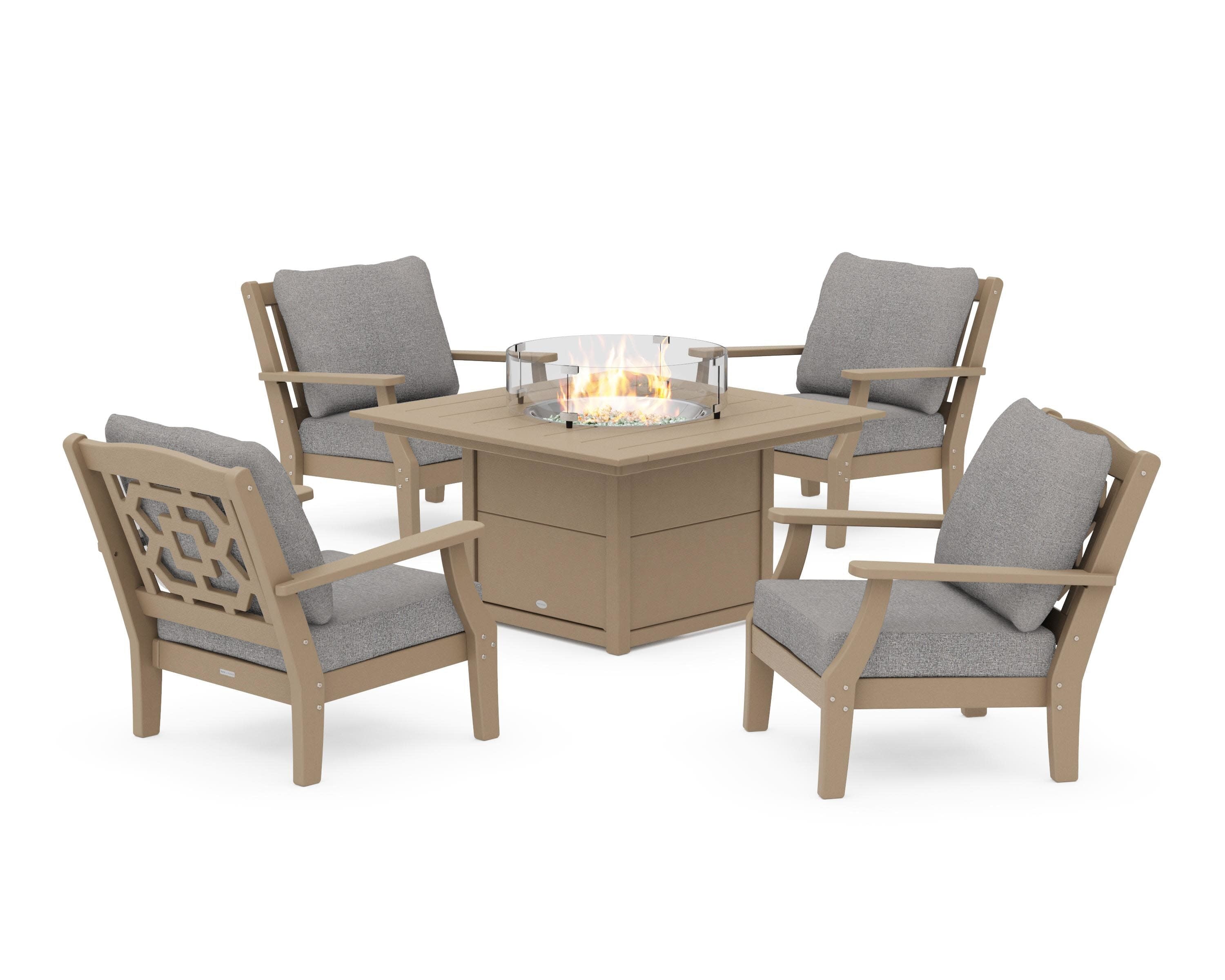 Chinoiserie 5-Piece Deep Seating Set with Fire Pit Table in Vintage Sahara / Grey Mist
