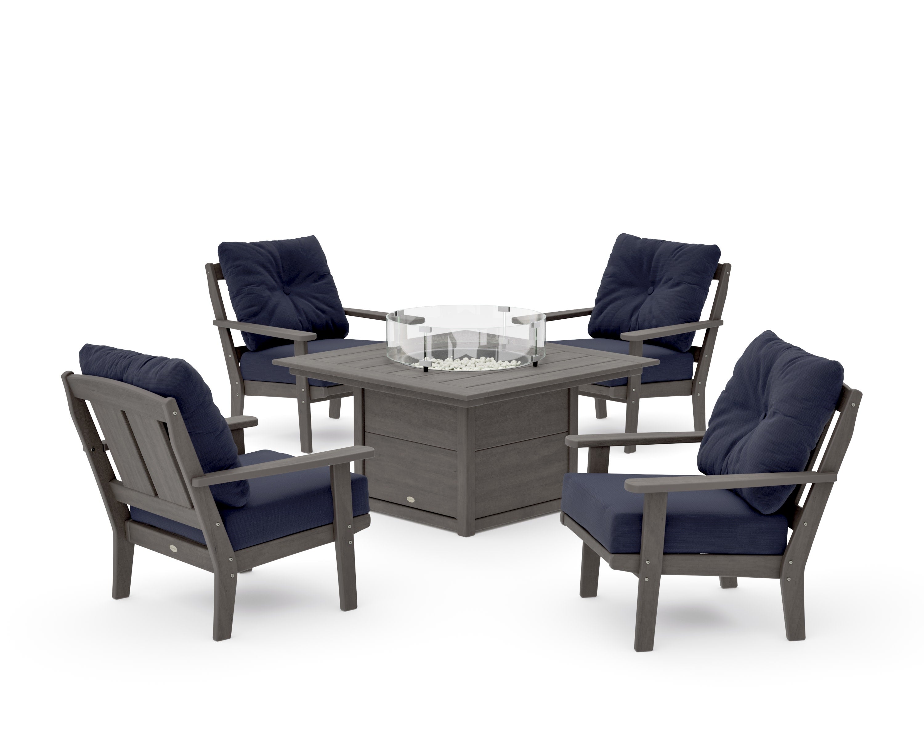 Mission 5-Piece Deep Seating Set with Fire Pit Table in Driftwood / Navy Linen
