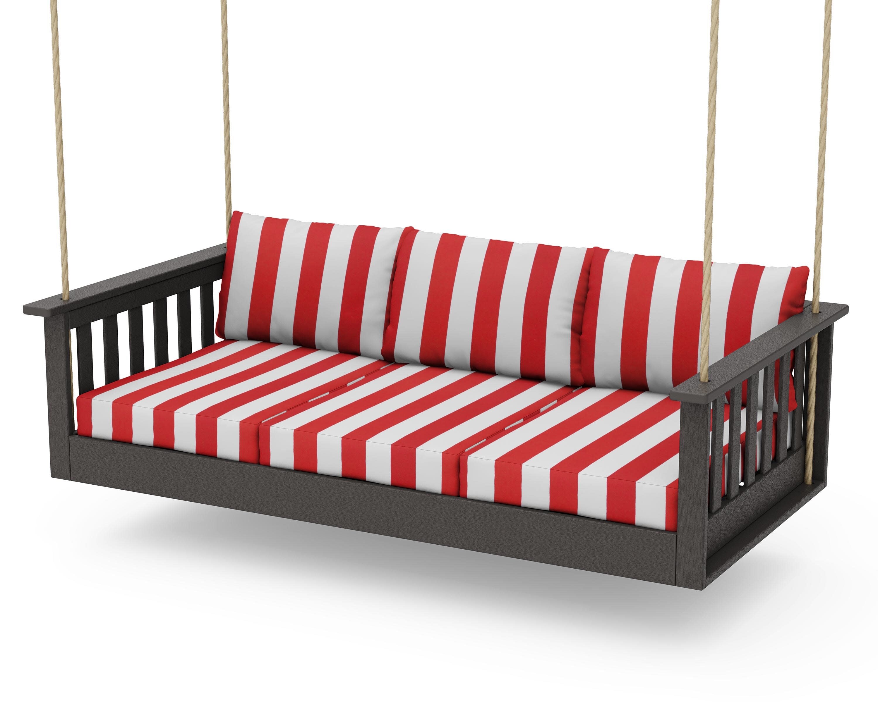 Vineyard Daybed Swing in Vintage Coffee / Cabana Stripe Crimson