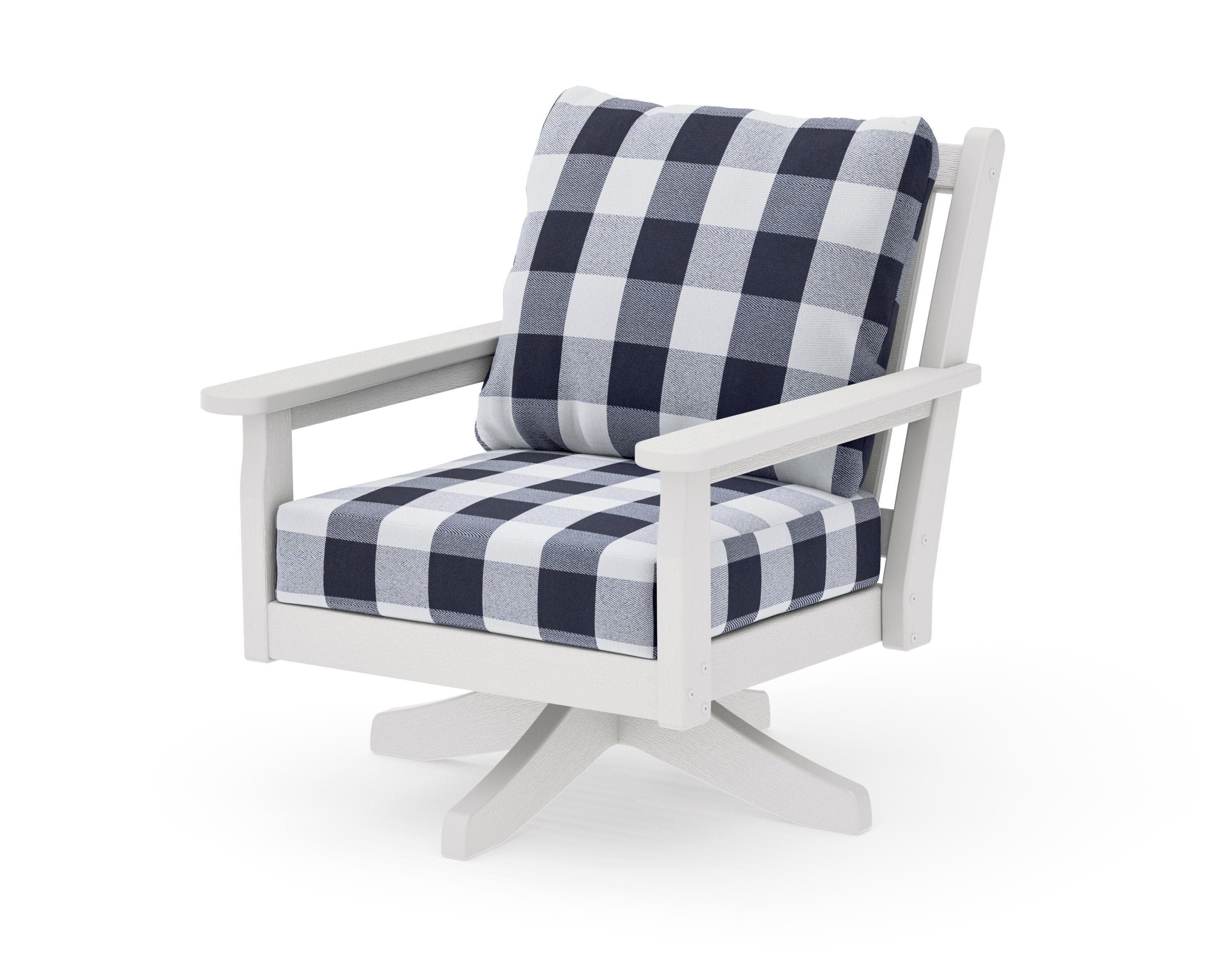 Chippendale Deep Seating Swivel Chair in Vintage White / Buffalo Plaid Navy