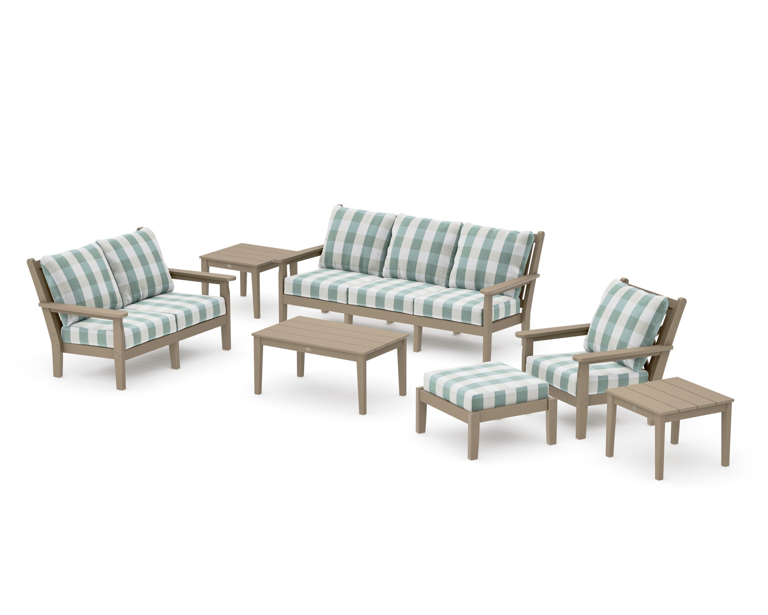 Chippendale 7-Piece Deep Seating Set in Vintage Sahara / Buffalo Plaid Glacier Spa