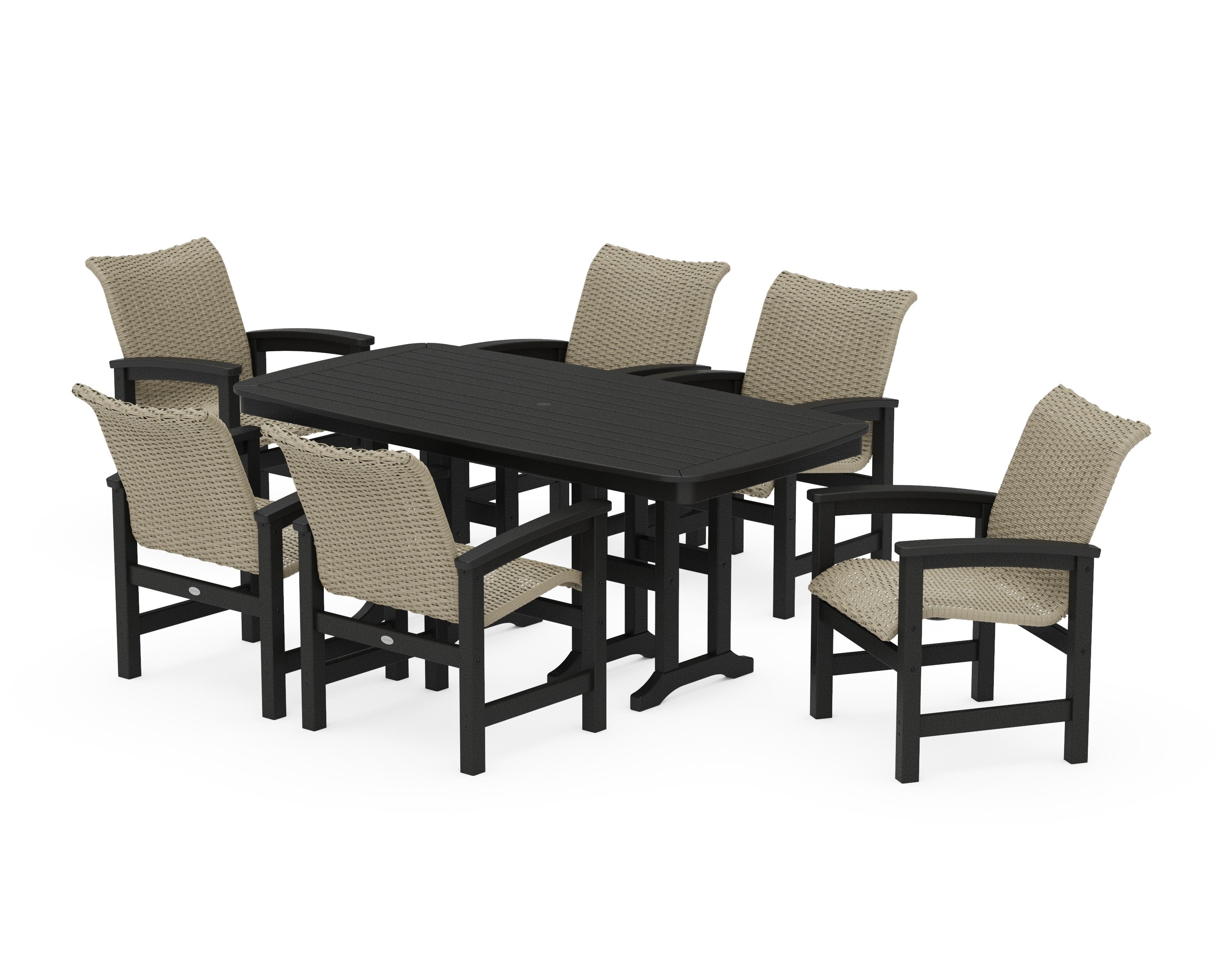 Coastal Woven Arm Chair 7-Piece Dining Set in Black / Dune Grass