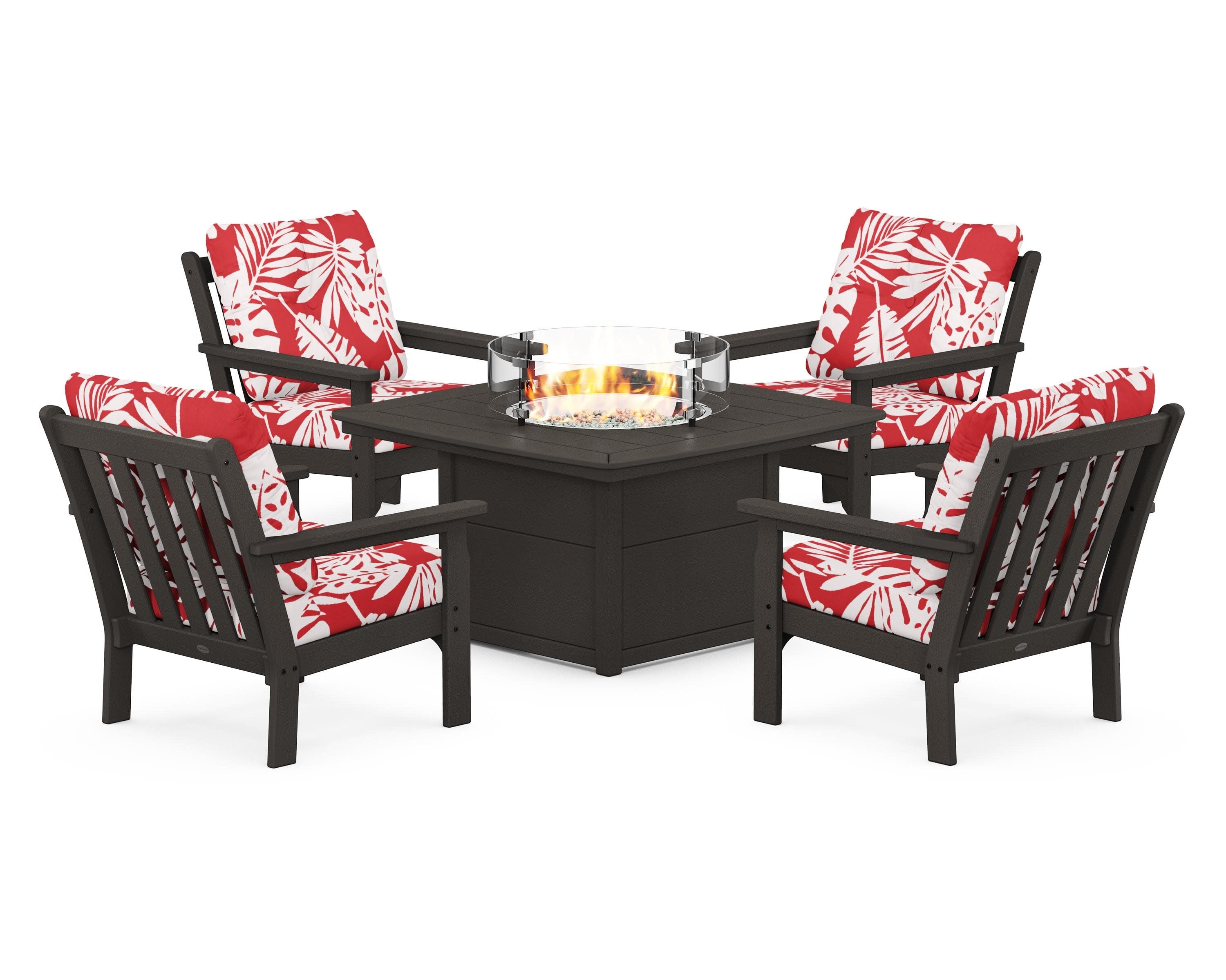 Vineyard 5-Piece Conversation Set with Fire Pit Table in Vintage Coffee / Leaf Crimson
