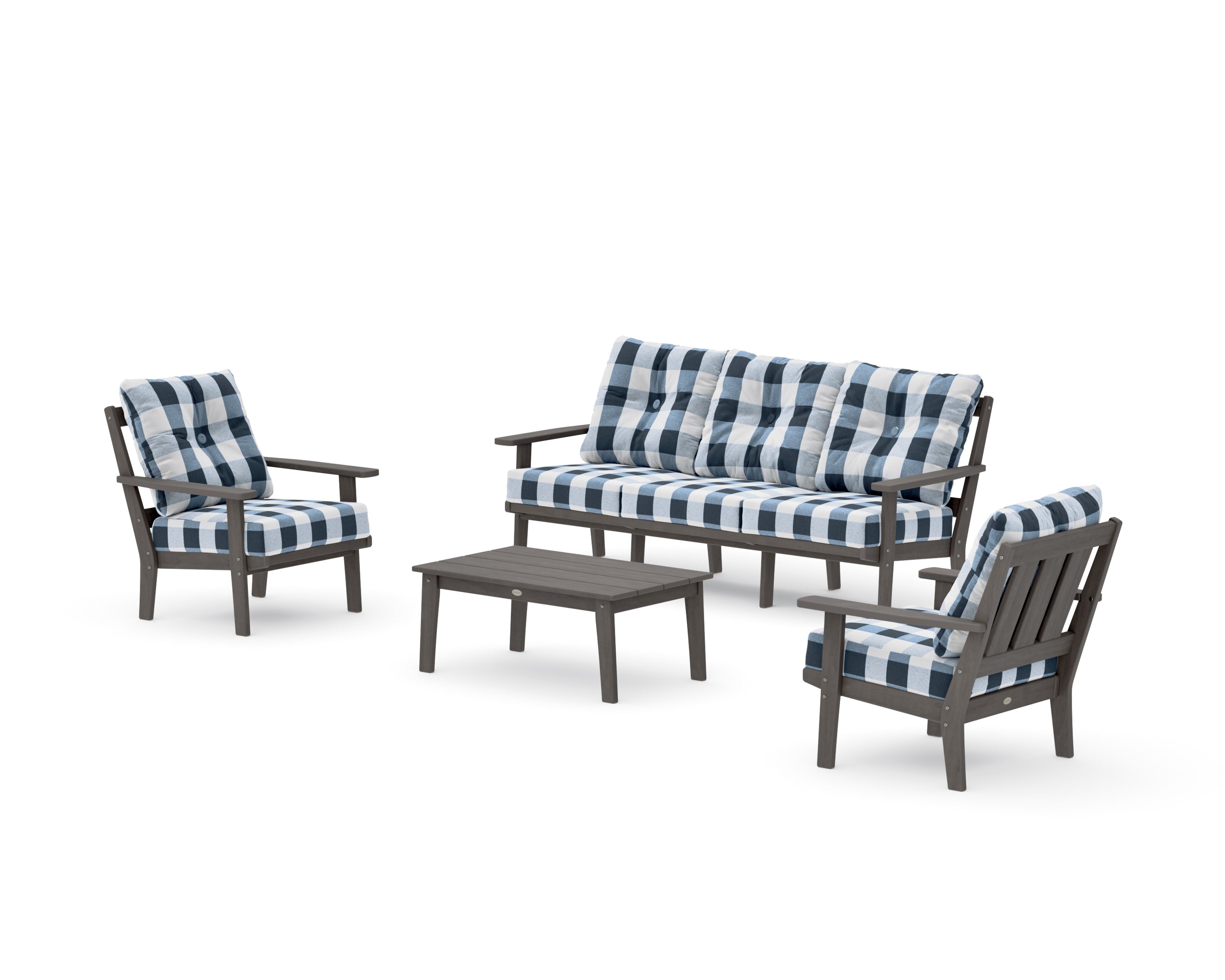 Oxford 4-Piece Deep Seating Set with Sofa in Driftwood / Buffalo Plaid Marine Indigo