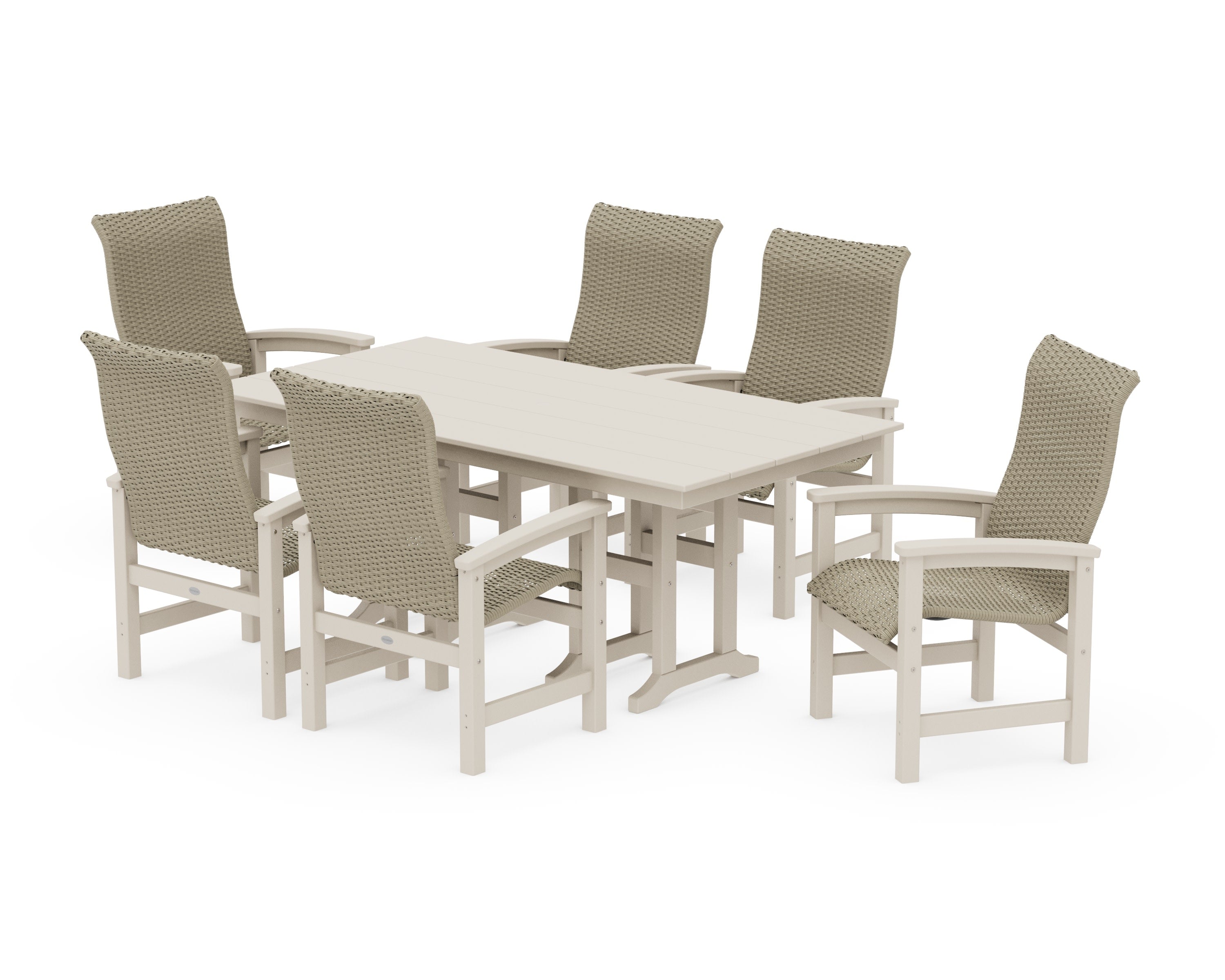 Coastal Woven High-Back Arm Chair 7-Piece Farmhouse Dining Set in Sand / Dune Grass