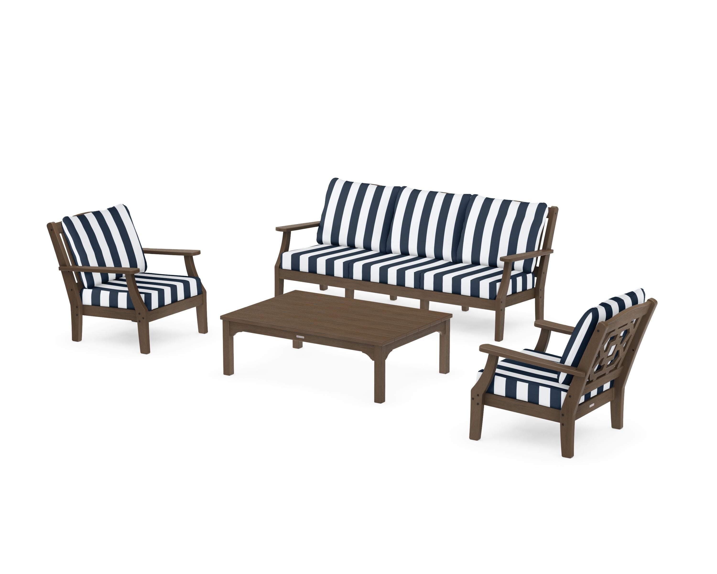 Chinoiserie 4-Piece Deep Seating Set with Sofa in Kona / Cabana Stripe Marine Indigo