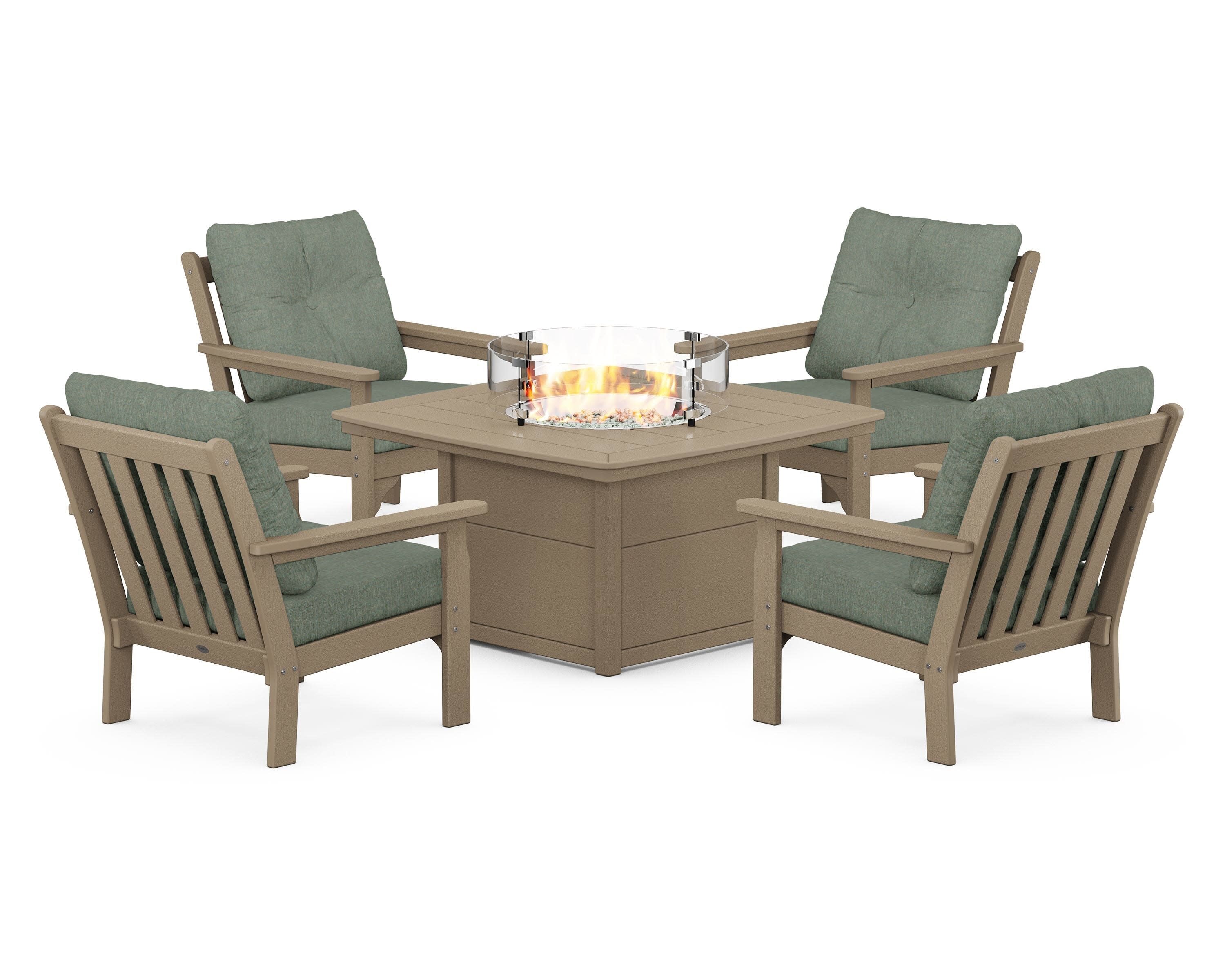 Vineyard 5-Piece Conversation Set with Fire Pit Table in Vintage Sahara / Cast Sage