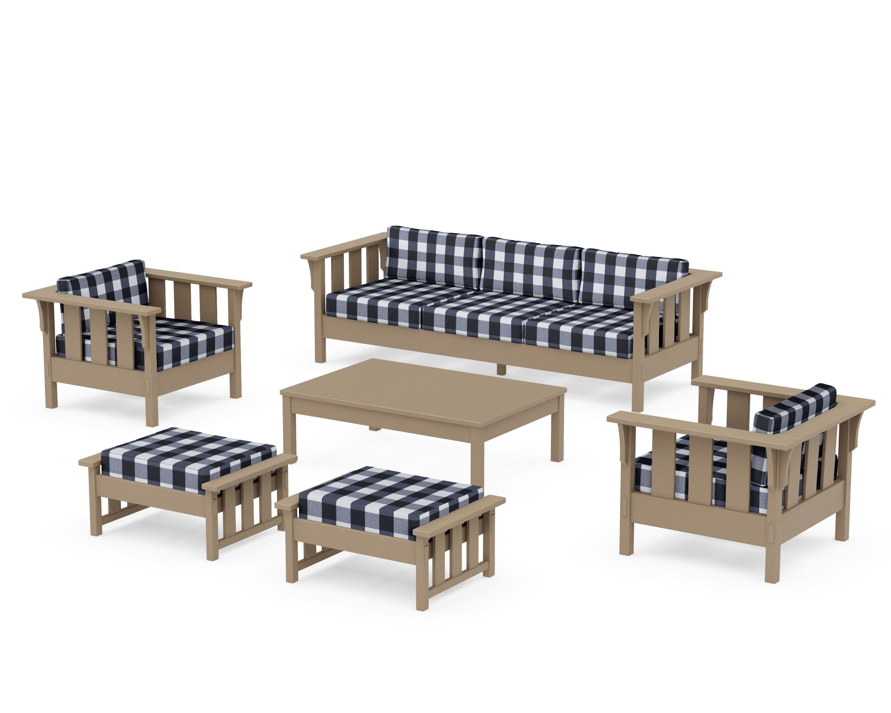 Acadia 6-Piece Lounge Sofa Set in Vintage Sahara / Buffalo Plaid Marine Indigo