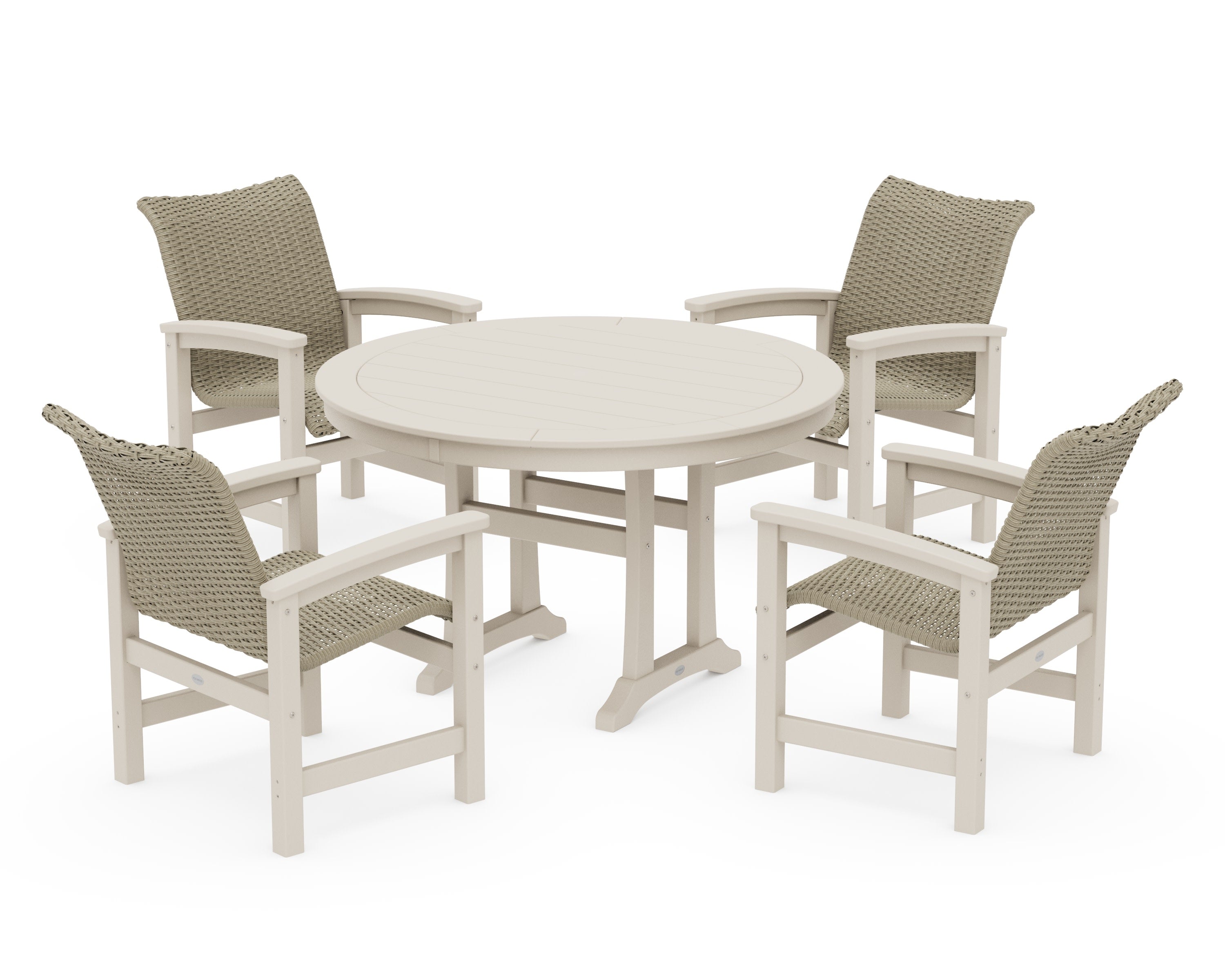 Coastal Woven 5-Piece Round Dining Set with Trestle Legs in Sand / Dune Grass