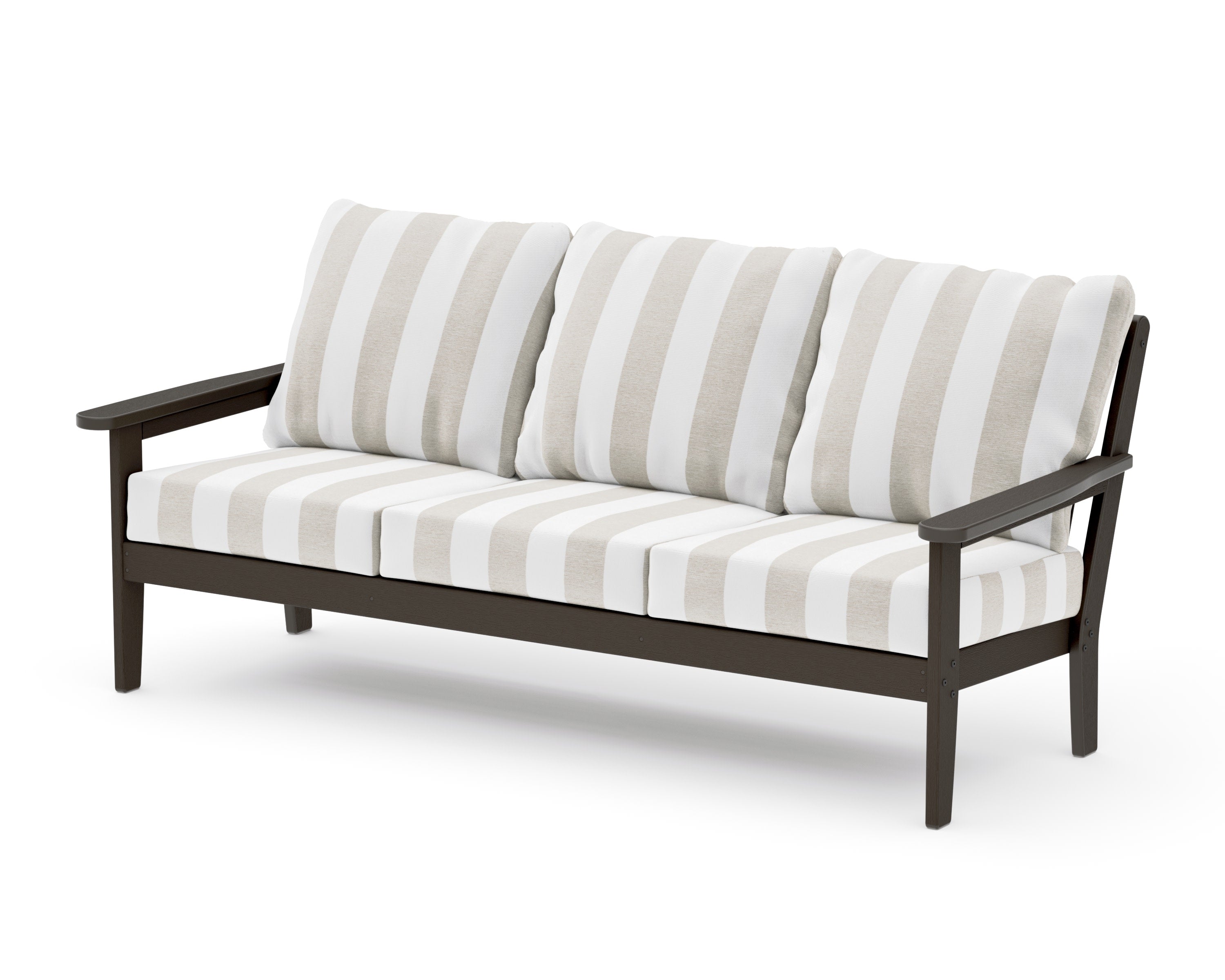 Cottage Deep Seating Sofa in Vintage Coffee / Cabana Stripe Dune Burlap