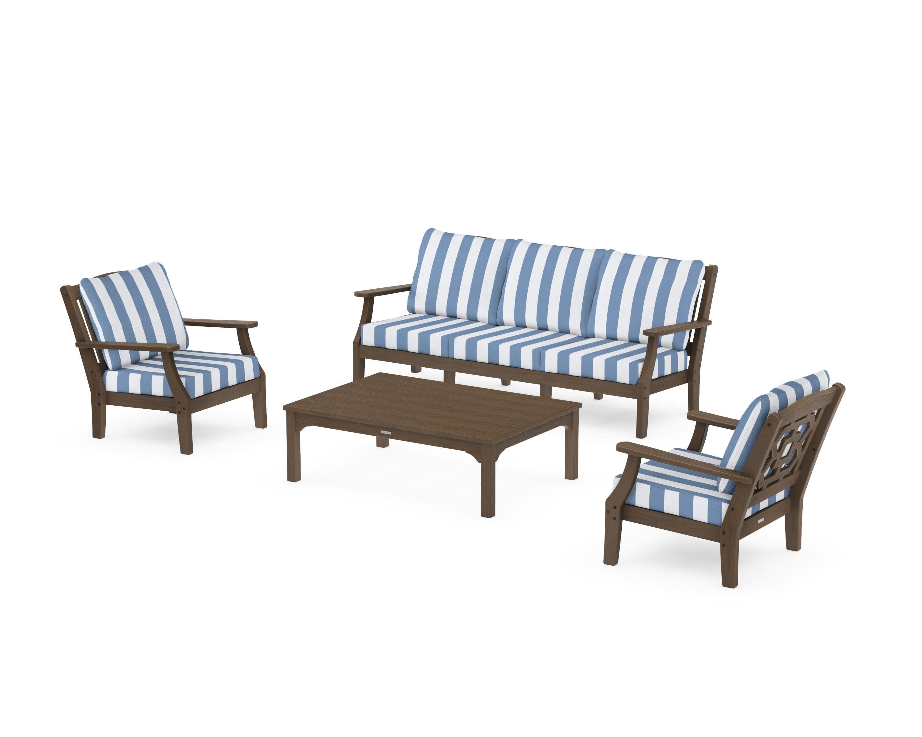 Chinoiserie 4-Piece Deep Seating Set with Sofa in Kona / Cabana Stripe Sky Blue