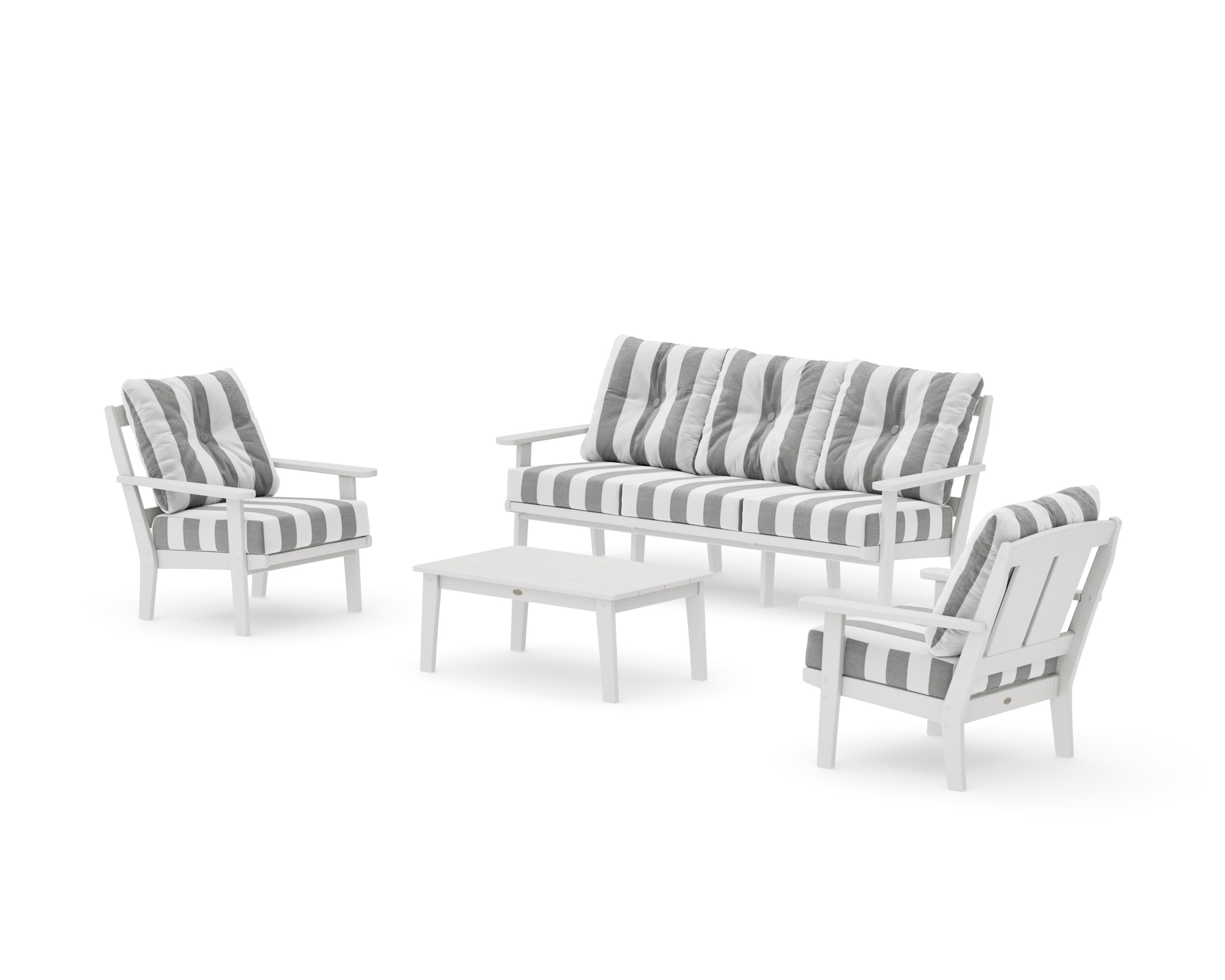 Mission 4-Piece Deep Seating Set with Sofa in Vintage White / Cabana Stripe Grey Mist