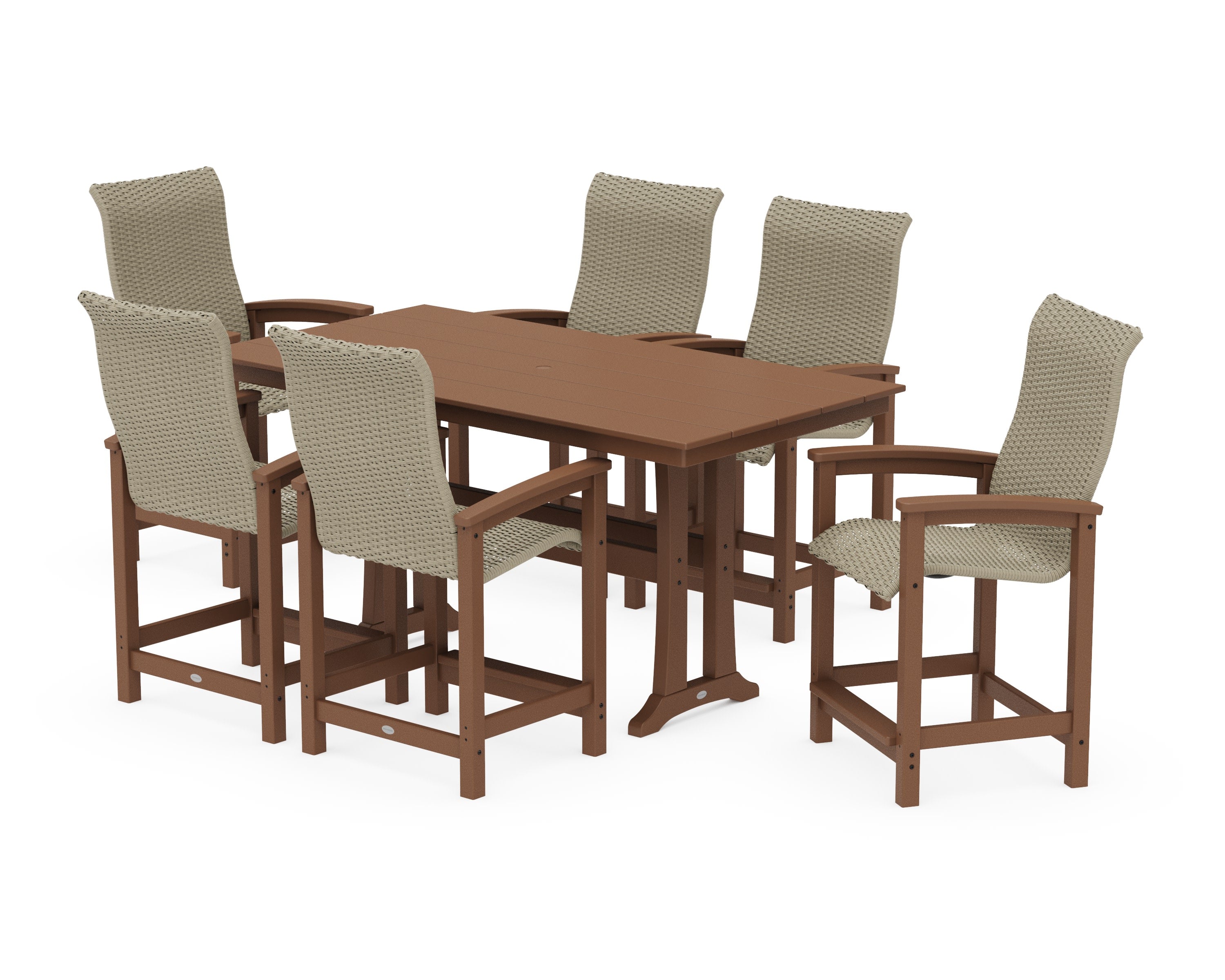 Coastal Woven High-Back Arm Chair 7-Piece Farmhouse Counter Set with Trestle Legs in Teak / Dune Grass