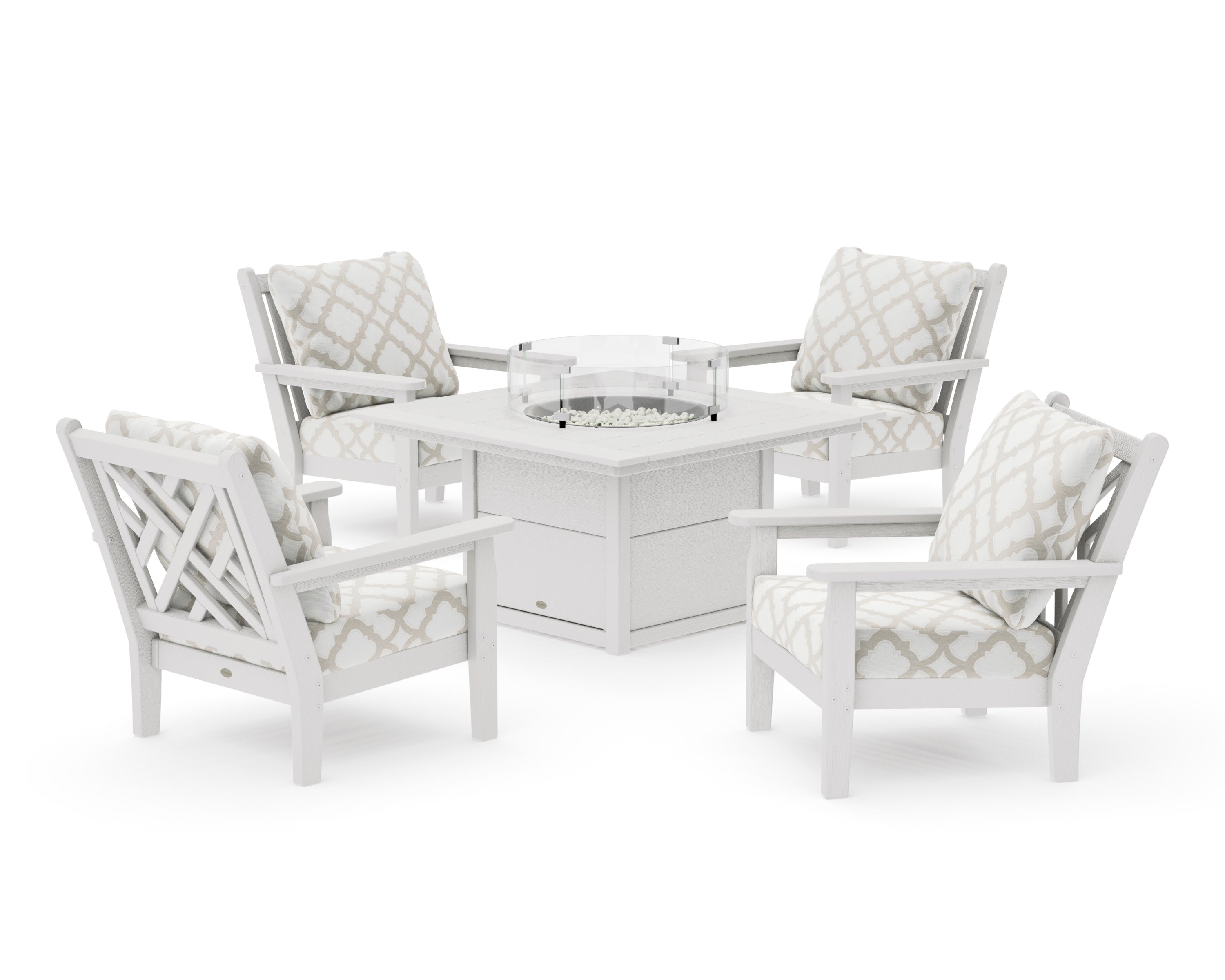 Chippendale 5-Piece Deep Seating Set with Fire Pit Table in Vintage White / Trellis Dune Burlap