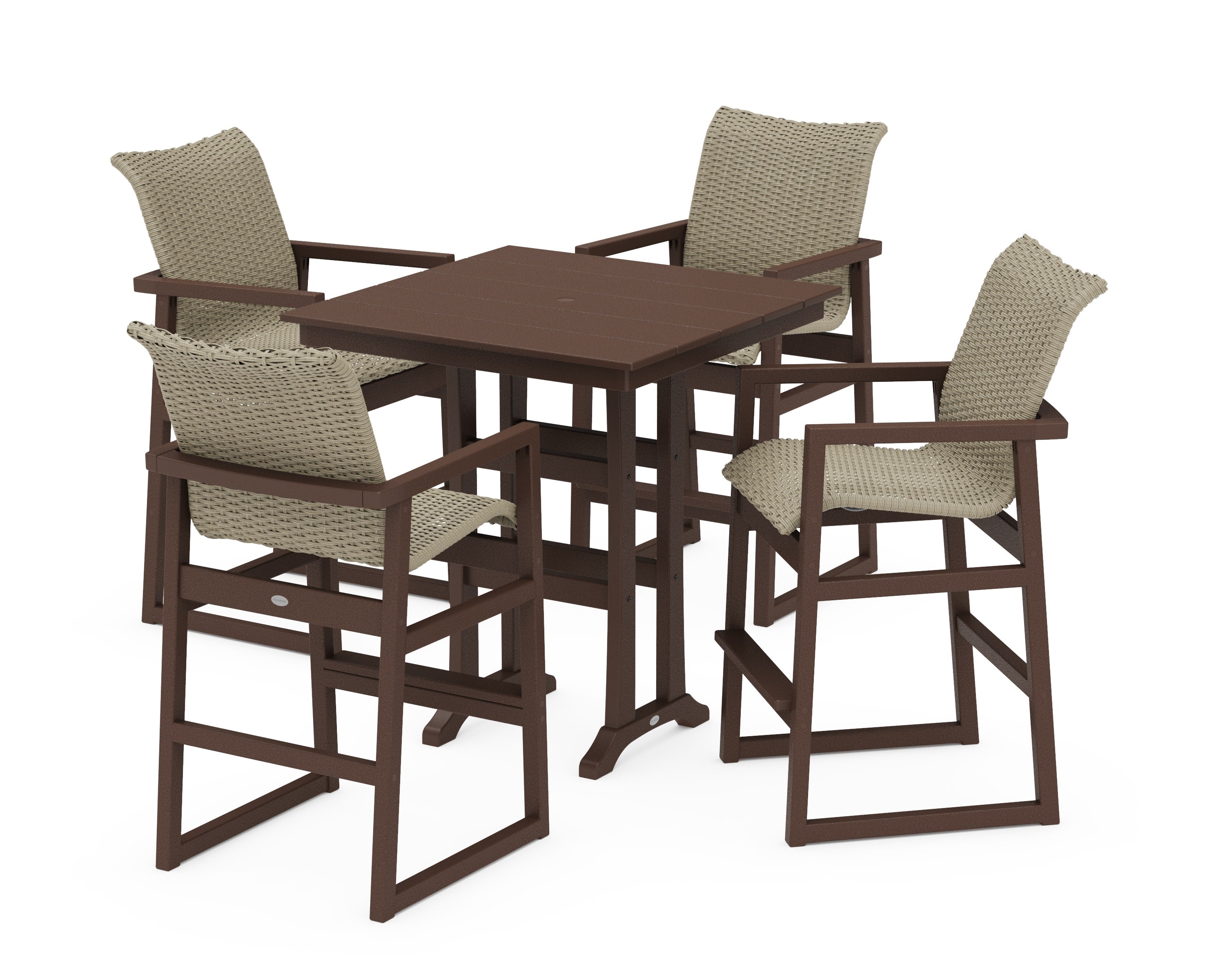 EDGE Woven 5-Piece Farmhouse Bar Set with Trestle Legs in Mahogany / Dune Grass