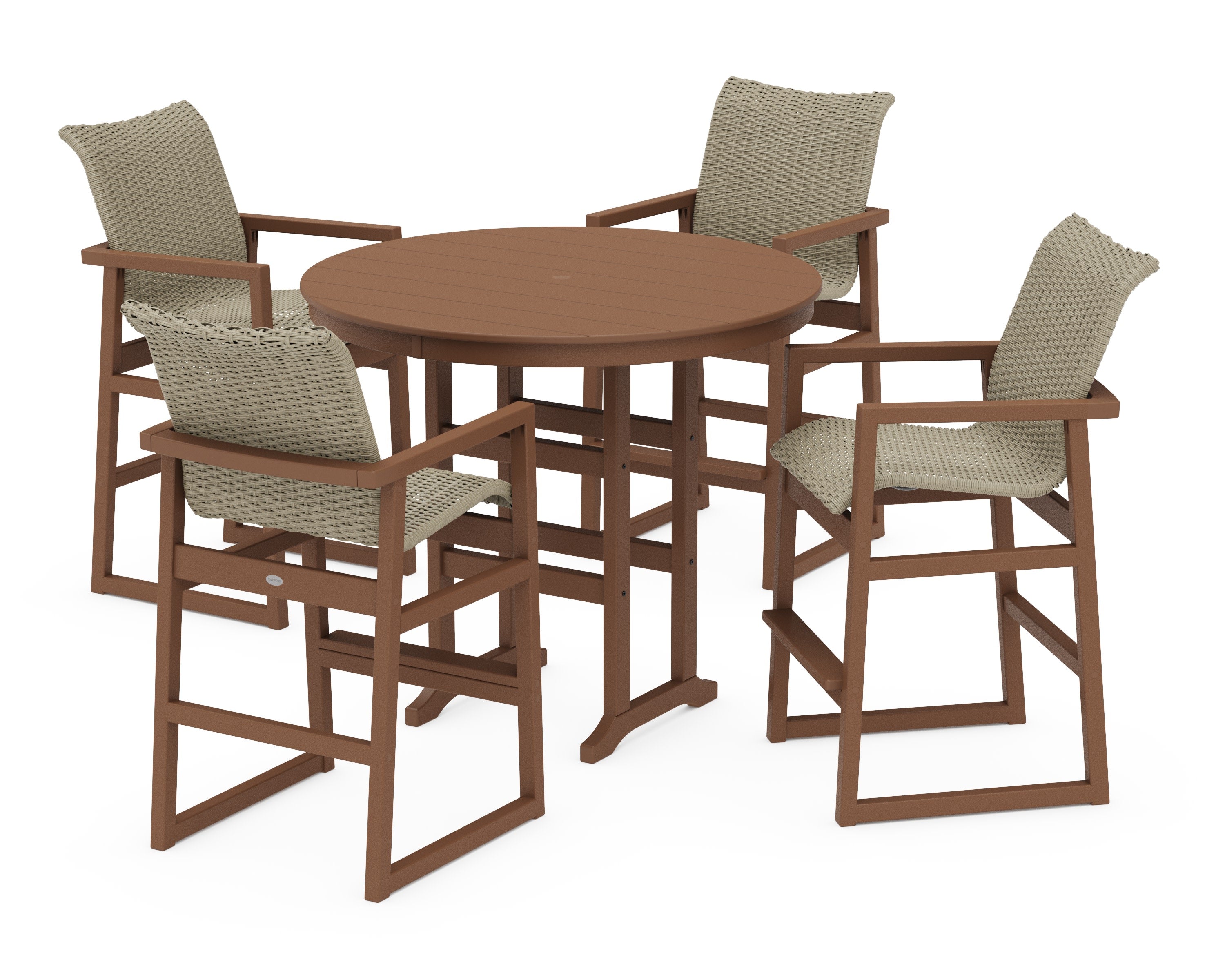 EDGE Woven 5-Piece Round Farmhouse Bar Set in Teak / Dune Grass