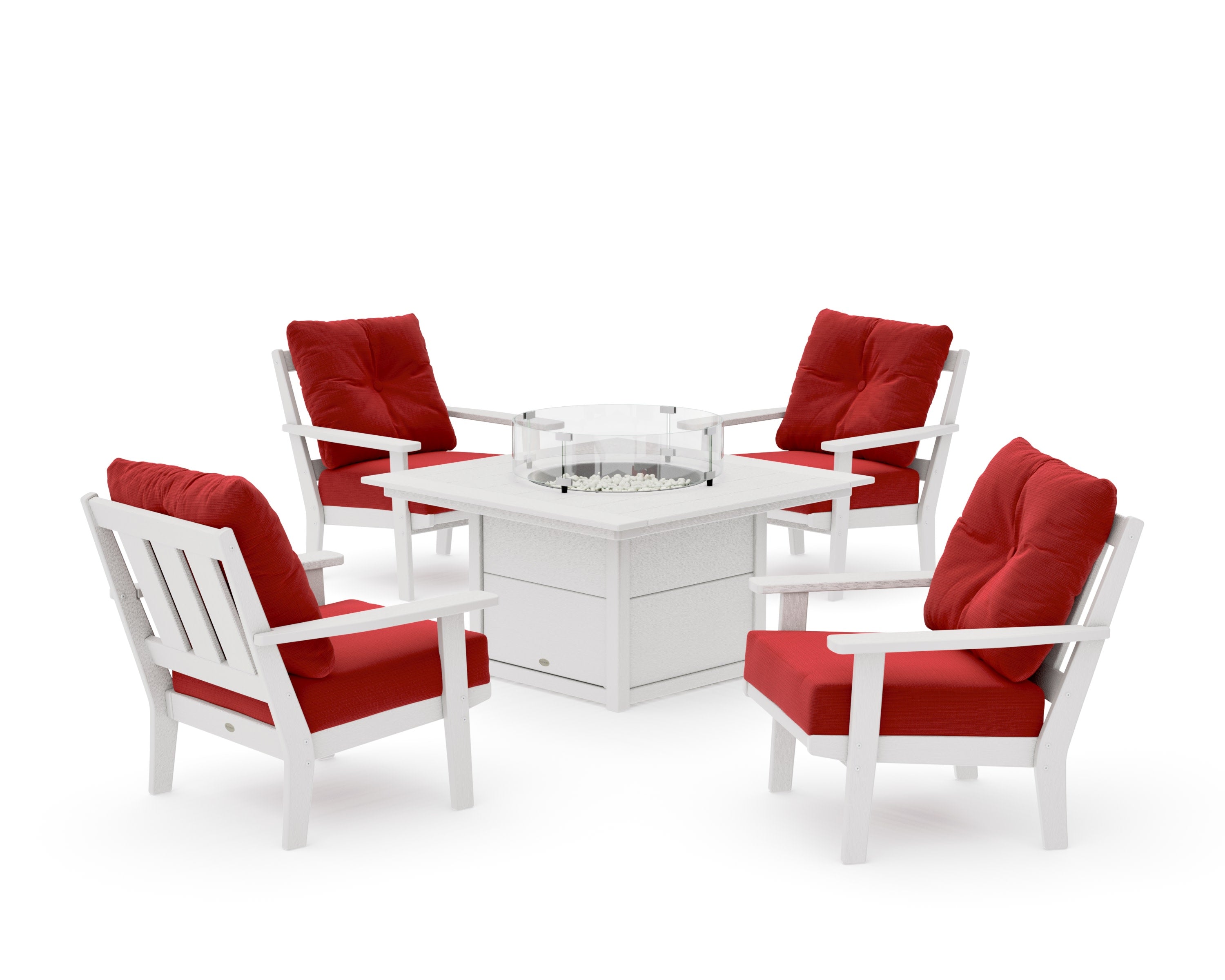 Oxford 5-Piece Deep Seating Set with Fire Pit Table in Vintage White / Crimson Linen