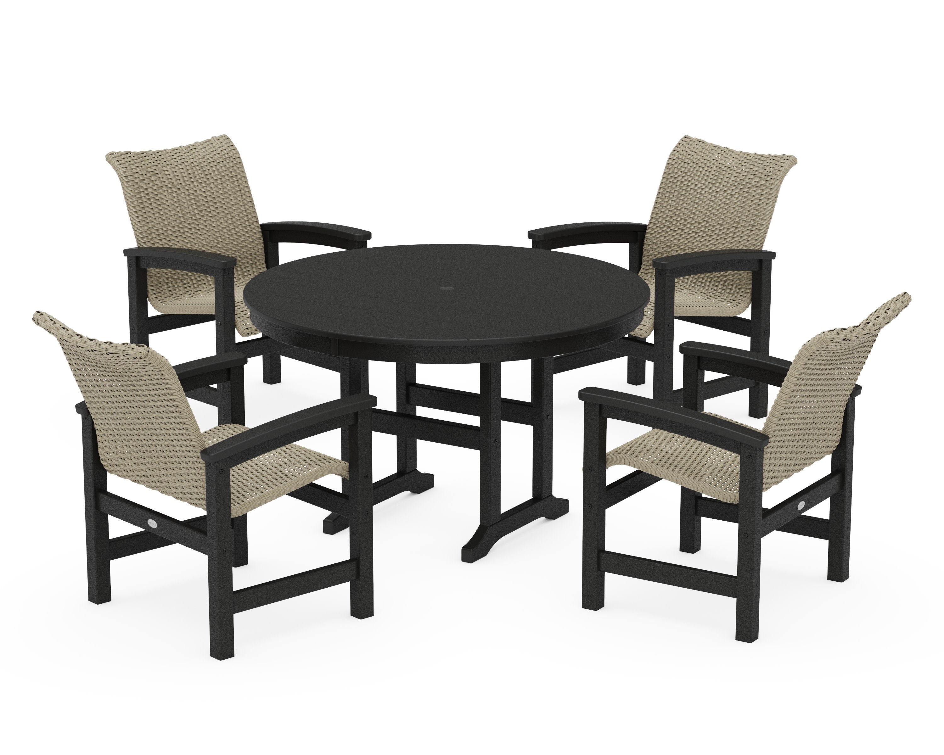 Coastal Woven 5-Piece Round Farmhouse Dining Set in Black / Dune Grass
