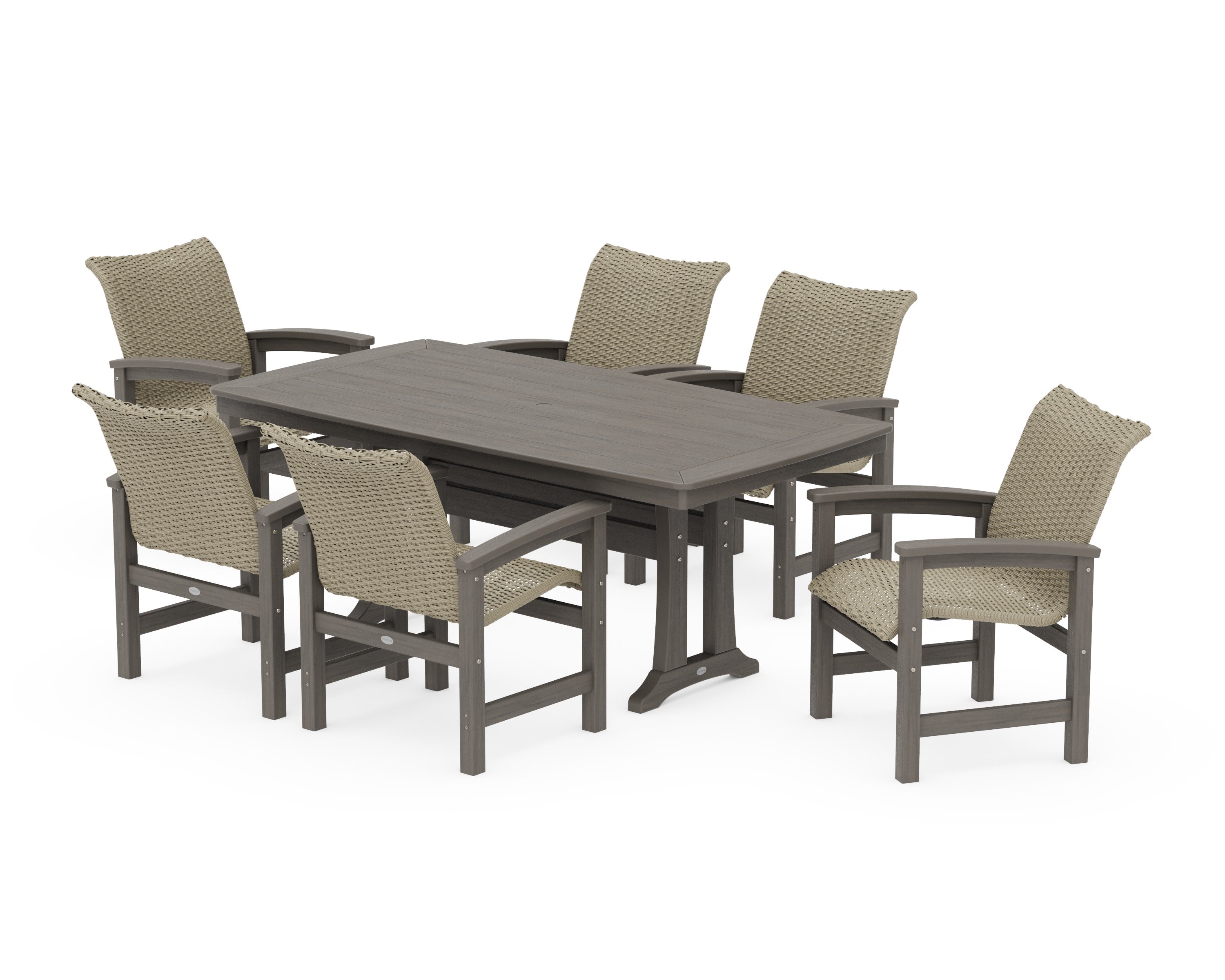 Coastal Woven Arm Chair 7-Piece Dining Set with Trestle Legs in Driftwood / Dune Grass