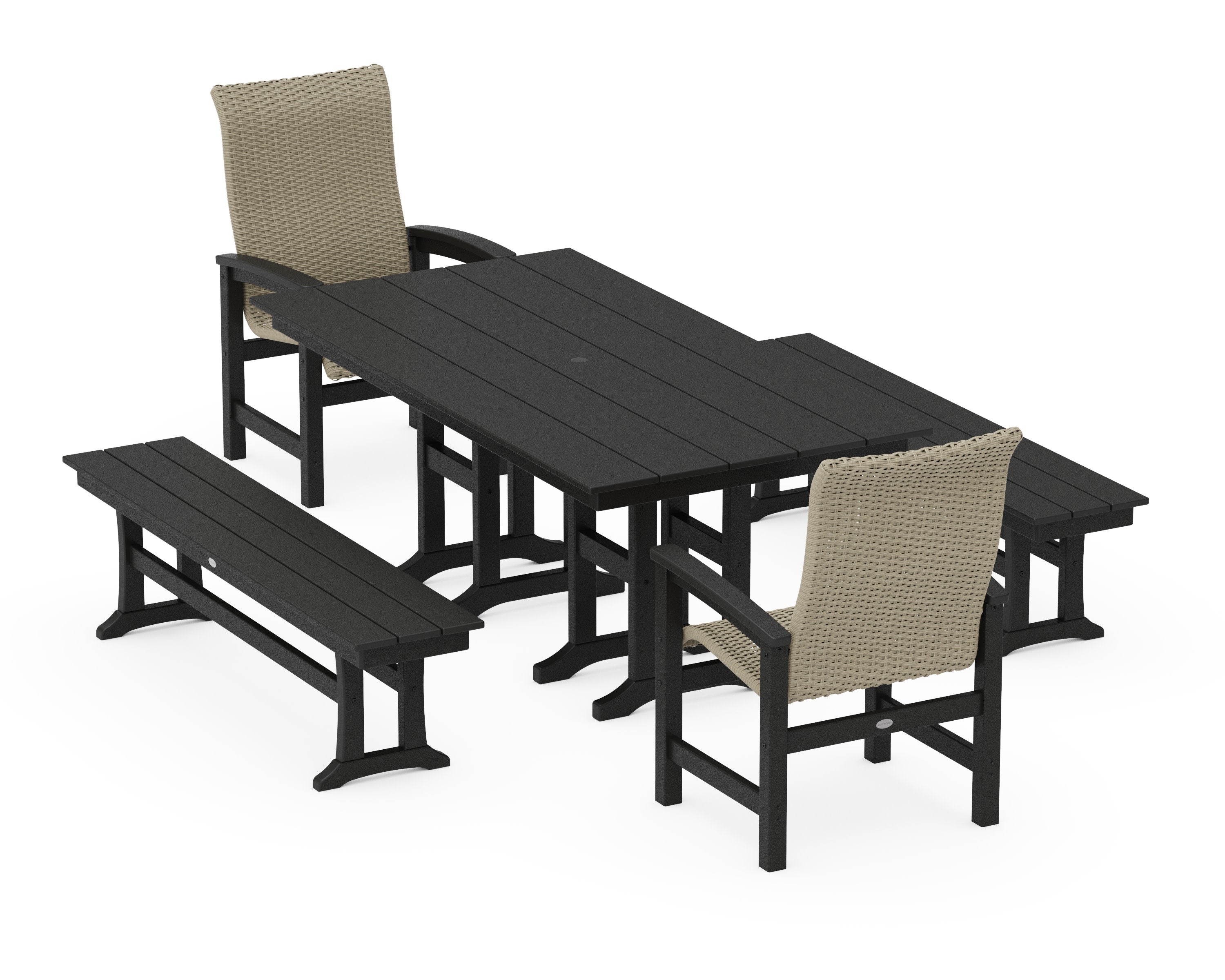 Coastal Woven High-Back 5-Piece Farmhouse Dining Set with Benches in Black / Dune Grass