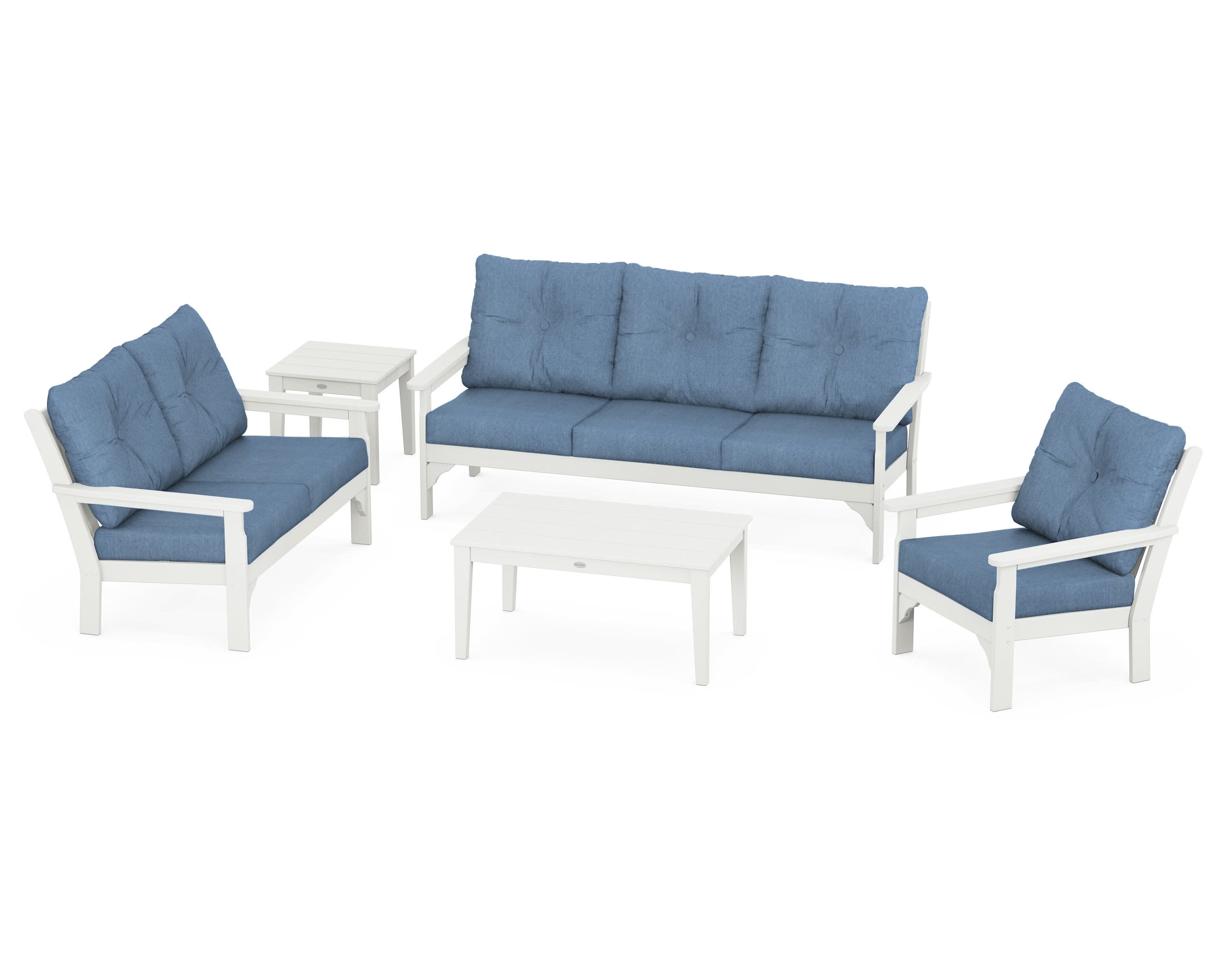 Vineyard 5 Piece Deep Seating Set in Vintage White / Sky Blue