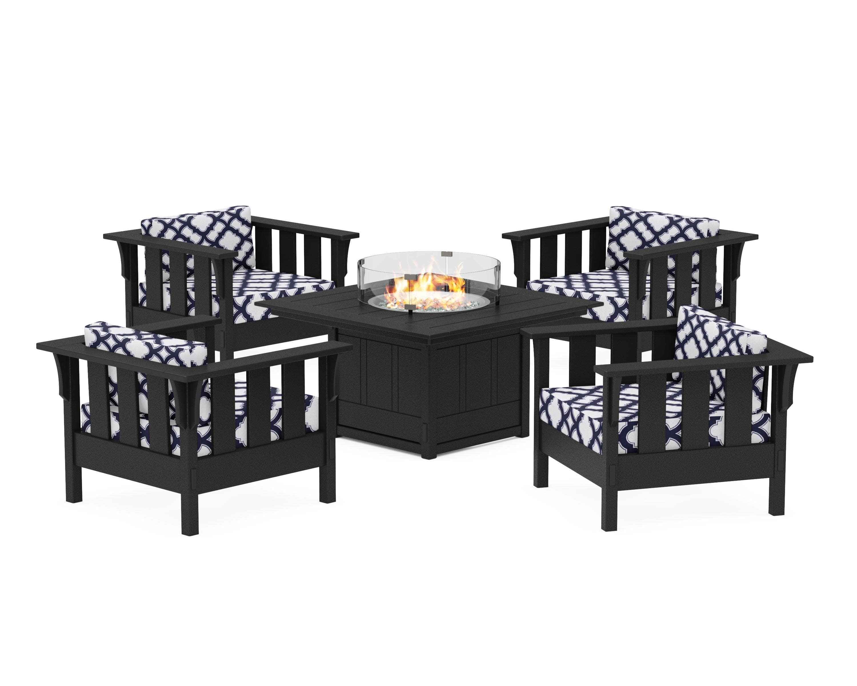 Acadia 5-Piece Deep Seating Set with Fire Pit Table in Black / Trellis Navy