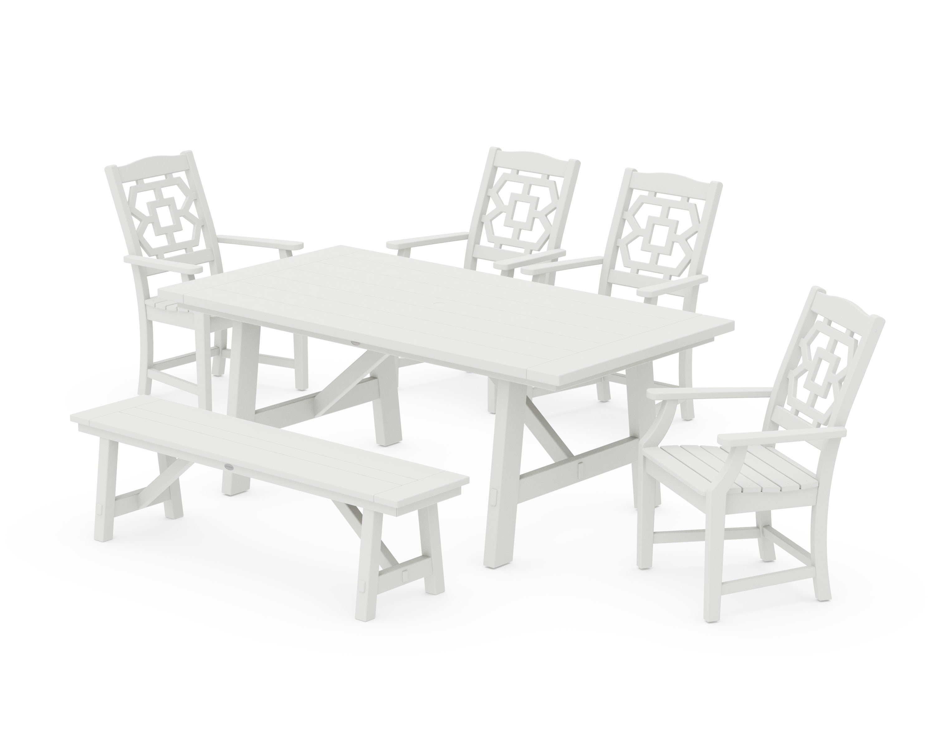 Chinoiserie 6-Piece Rustic Farmhouse Dining Set with Bench in Vintage White