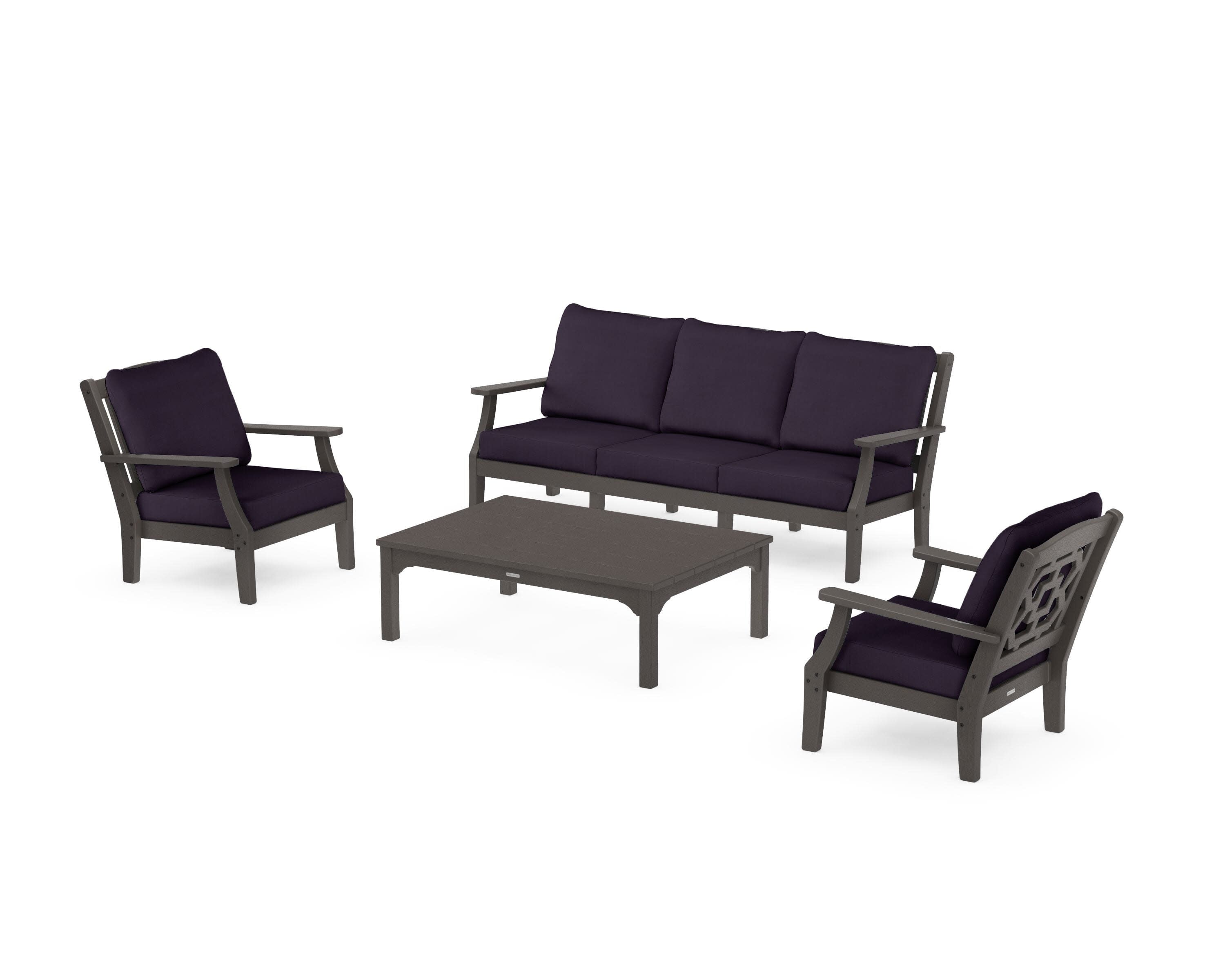 Chinoiserie 4-Piece Deep Seating Set with Sofa in Vintage Coffee / Navy Linen