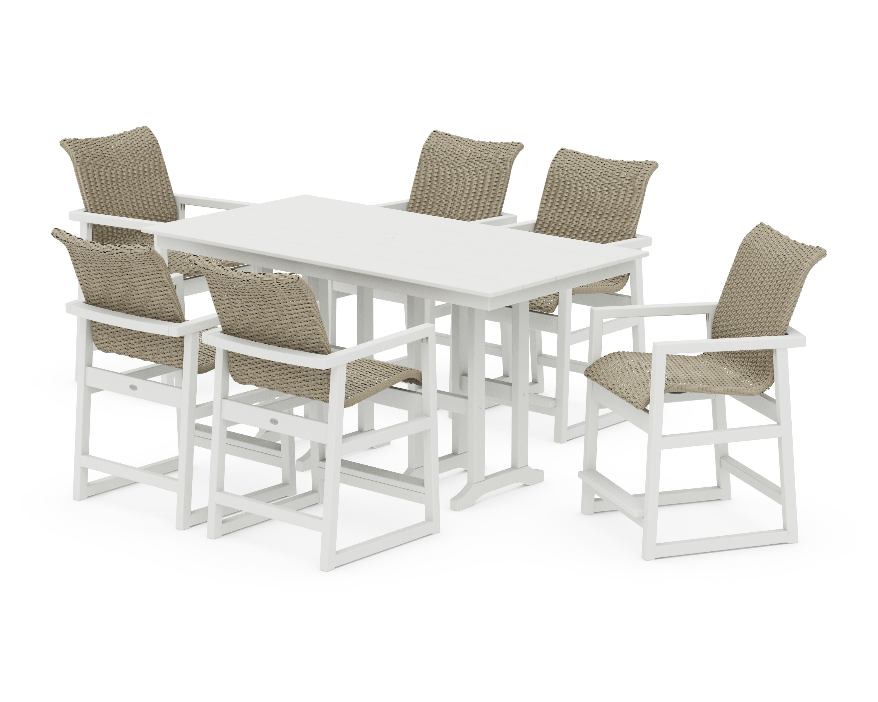 EDGE Woven Arm Chair 7-Piece Farmhouse Counter Set in White / Dune Grass