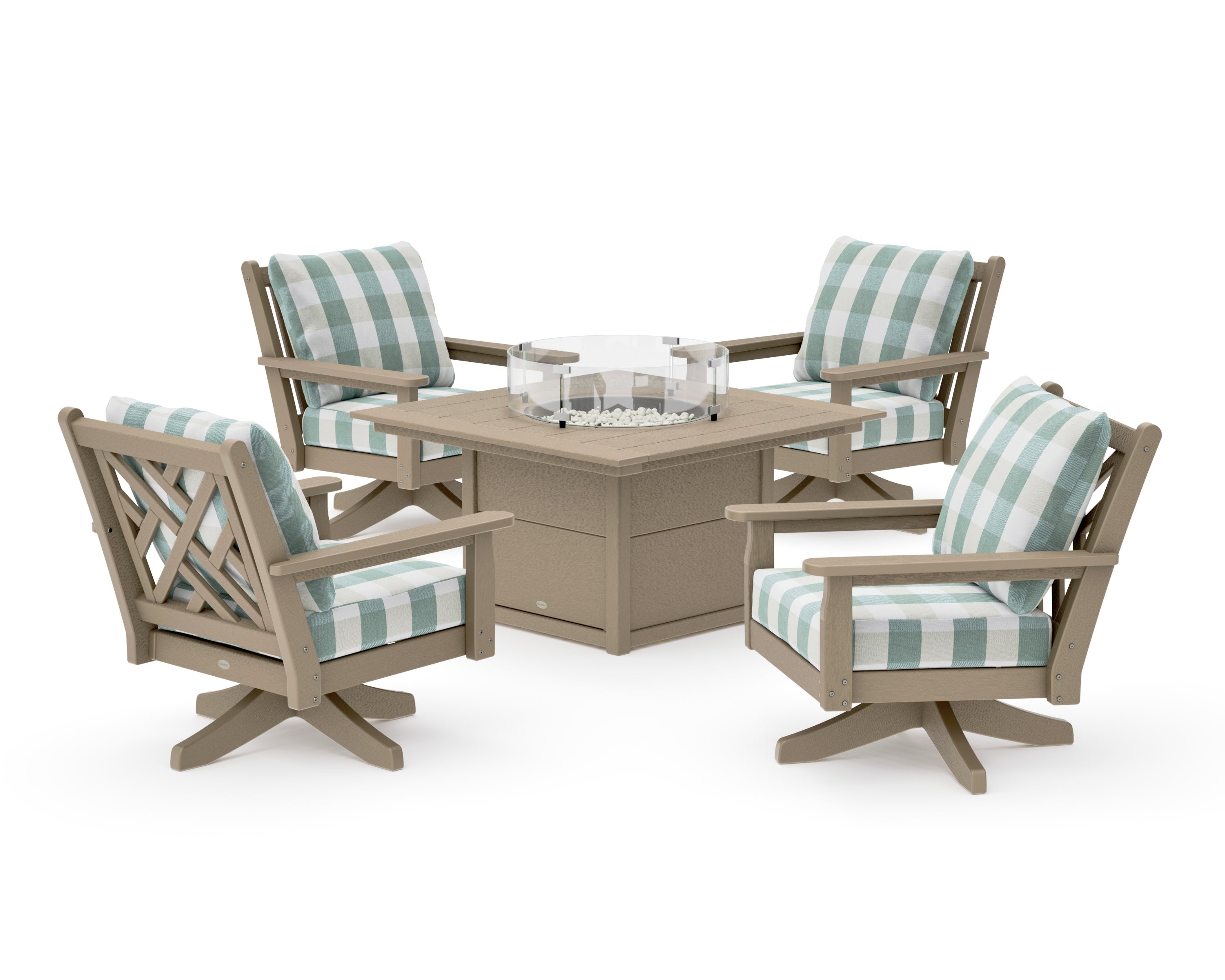 Chippendale 5-Piece Deep Seating Swivel Conversation Set with Fire Pit Table in Vintage Sahara / Buffalo Plaid Glacier Spa