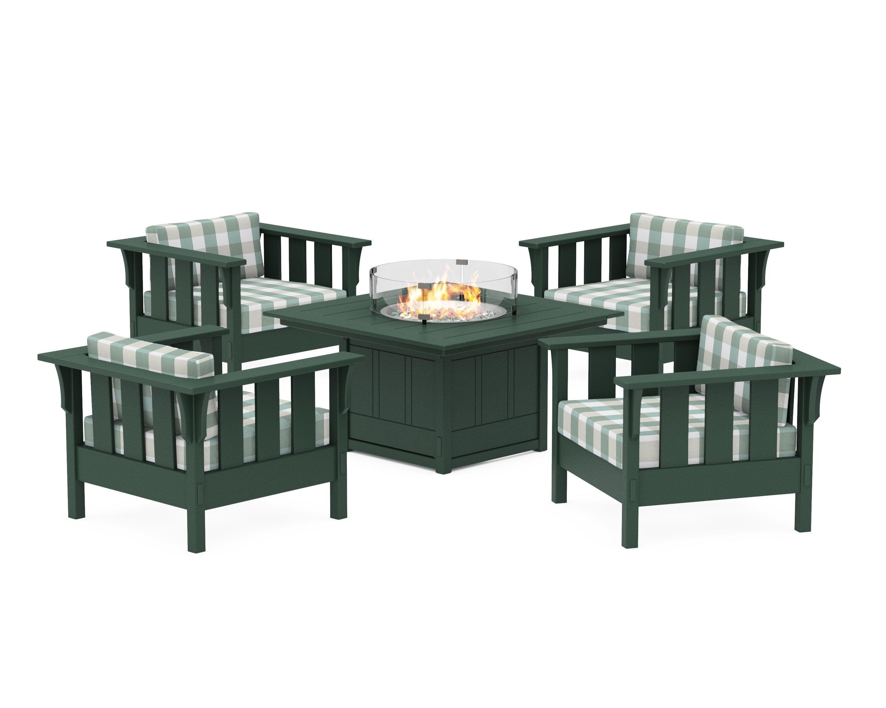 Acadia 5-Piece Deep Seating Set with Fire Pit Table in Green / Buffalo Plaid Glacier Spa