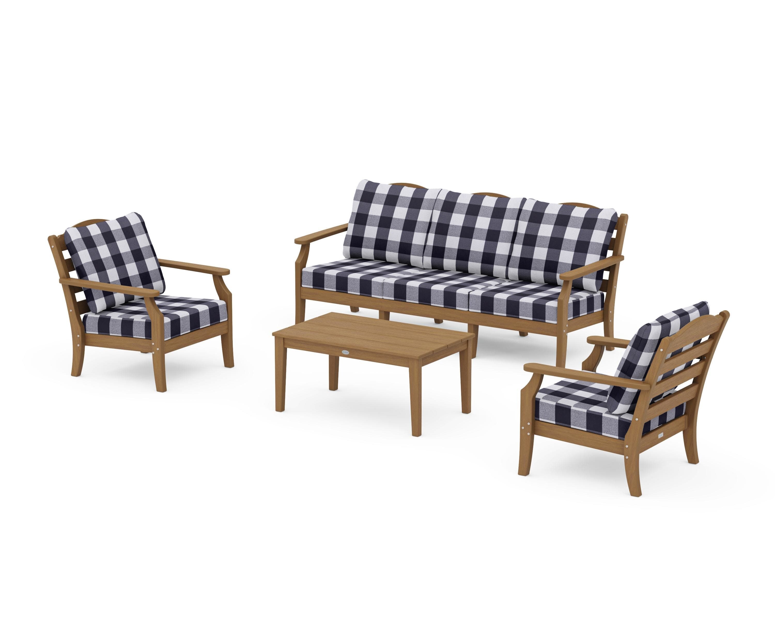 Savannah 4-Piece Deep Seating Set with Sofa in Natural / Buffalo Plaid Navy