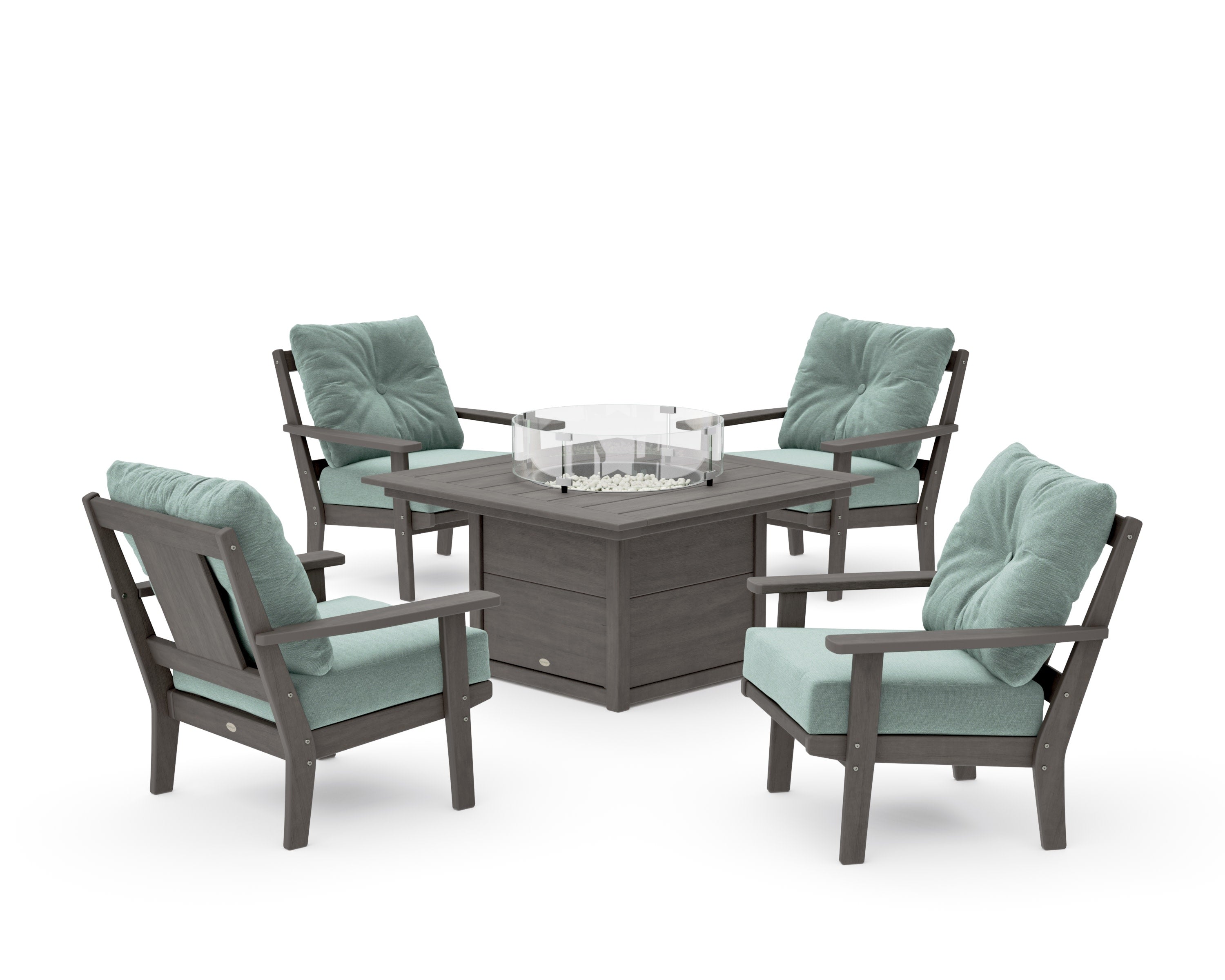 Prairie 5-Piece Deep Seating Set with Fire Pit Table in Driftwood / Glacier Spa