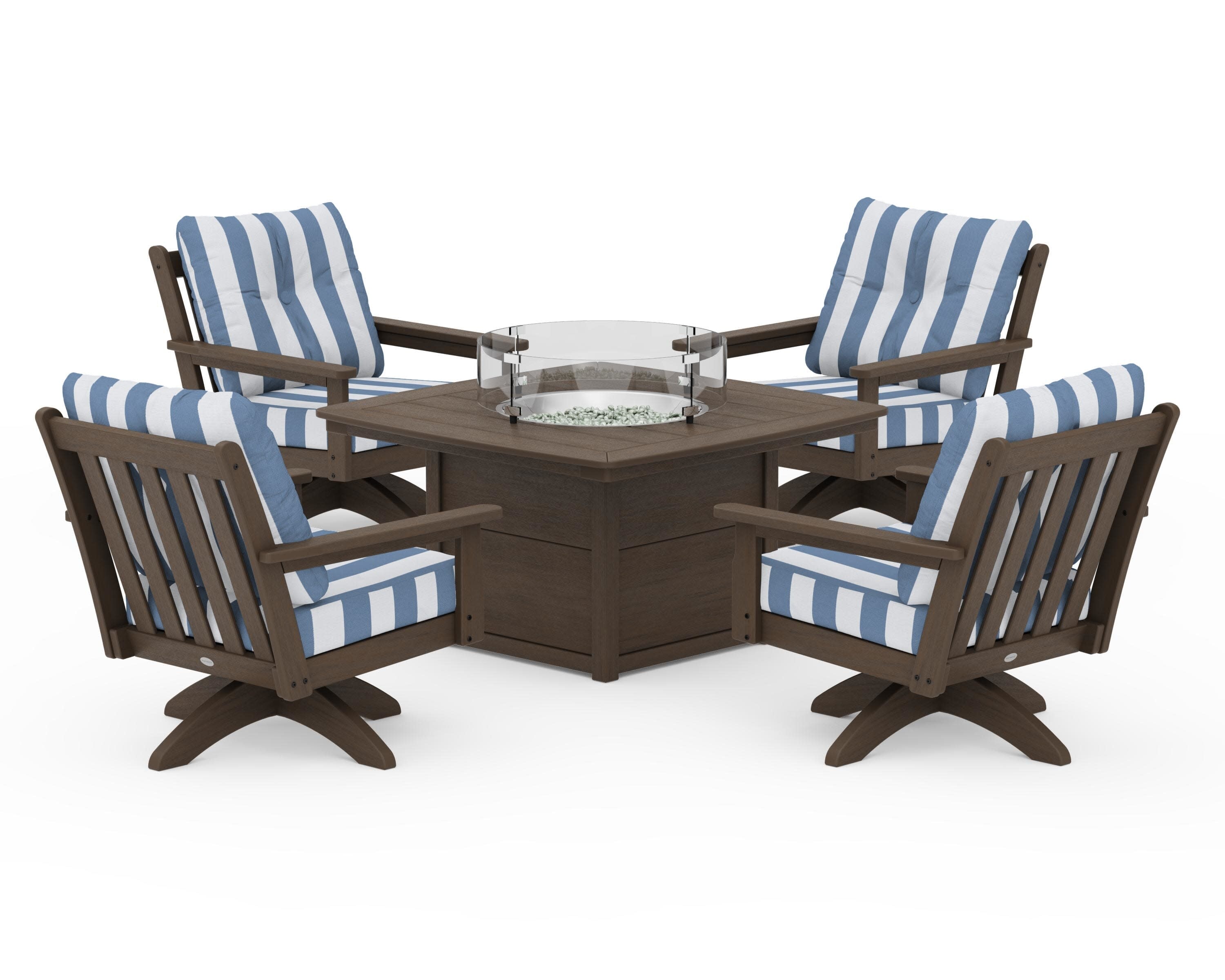 Vineyard 5-Piece Deep Seating Swivel Conversation Set with Fire Pit Table in Kona / Cabana Stripe Sky Blue
