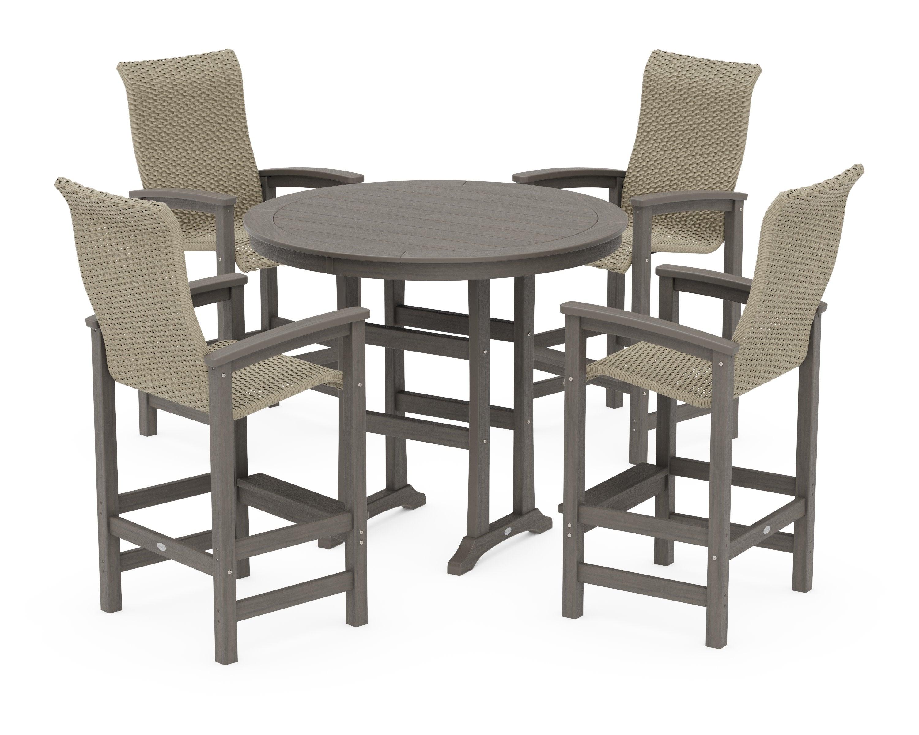 Coastal Woven High-Back 5-Piece Round Bar Set in Driftwood / Dune Grass