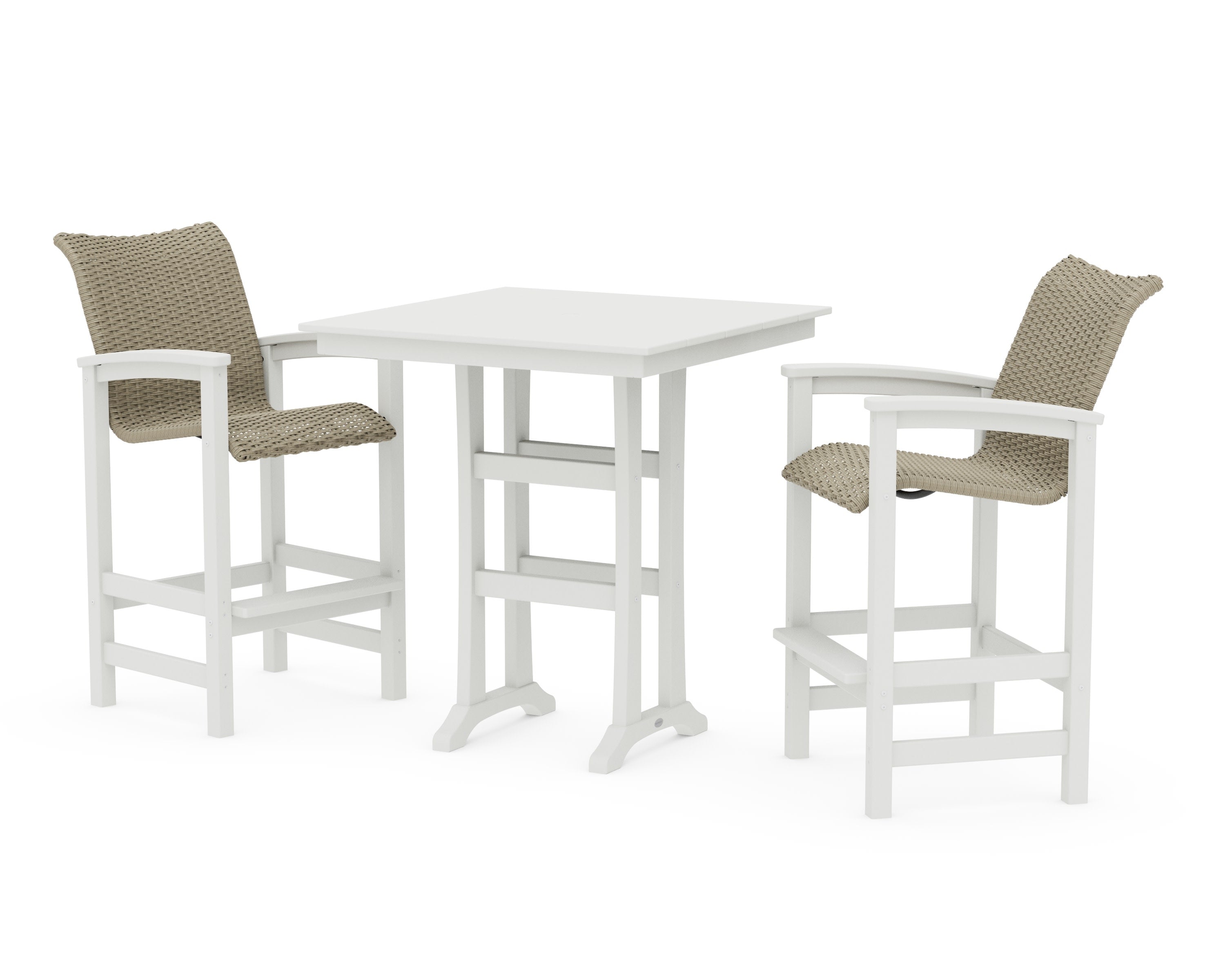 Coastal Woven 3-Piece Farmhouse Bar Set with Trestle Legs in Vintage White / Dune Grass