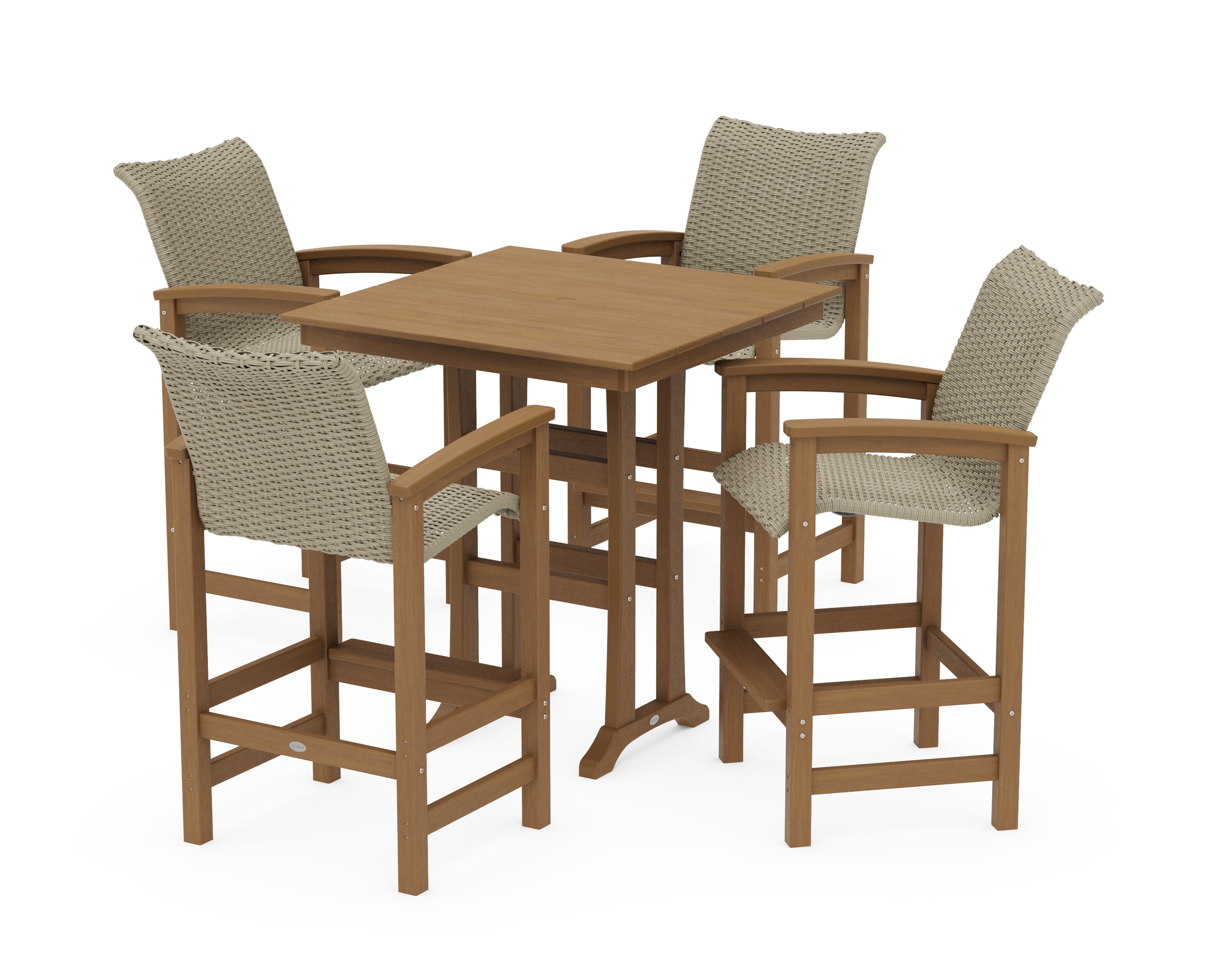 Coastal Woven 5-Piece Farmhouse Bar Set with Trestle Legs in Natural / Dune Grass