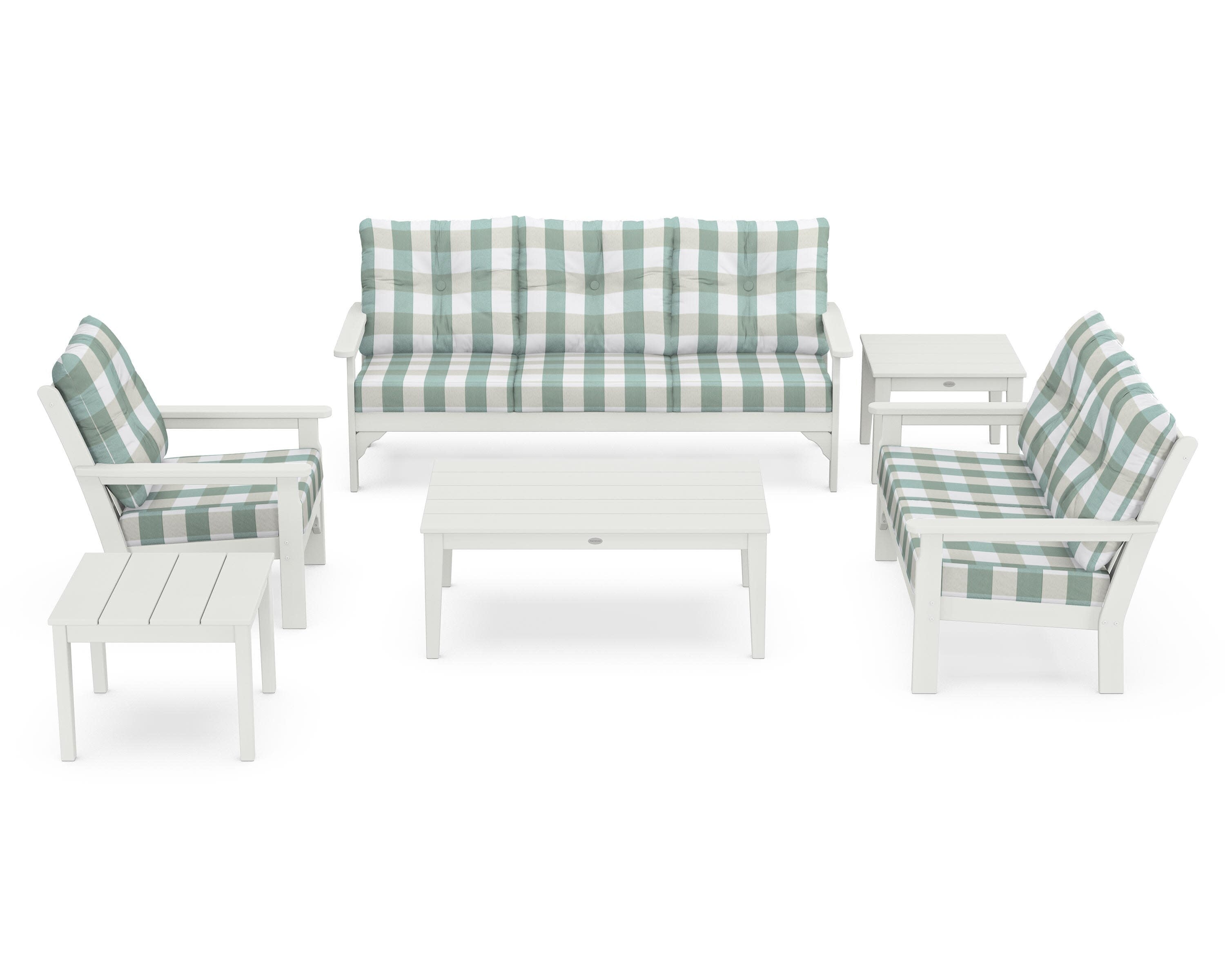 Vineyard 6-Piece Deep Seating Set in Vintage White / Buffalo Plaid Glacier Spa