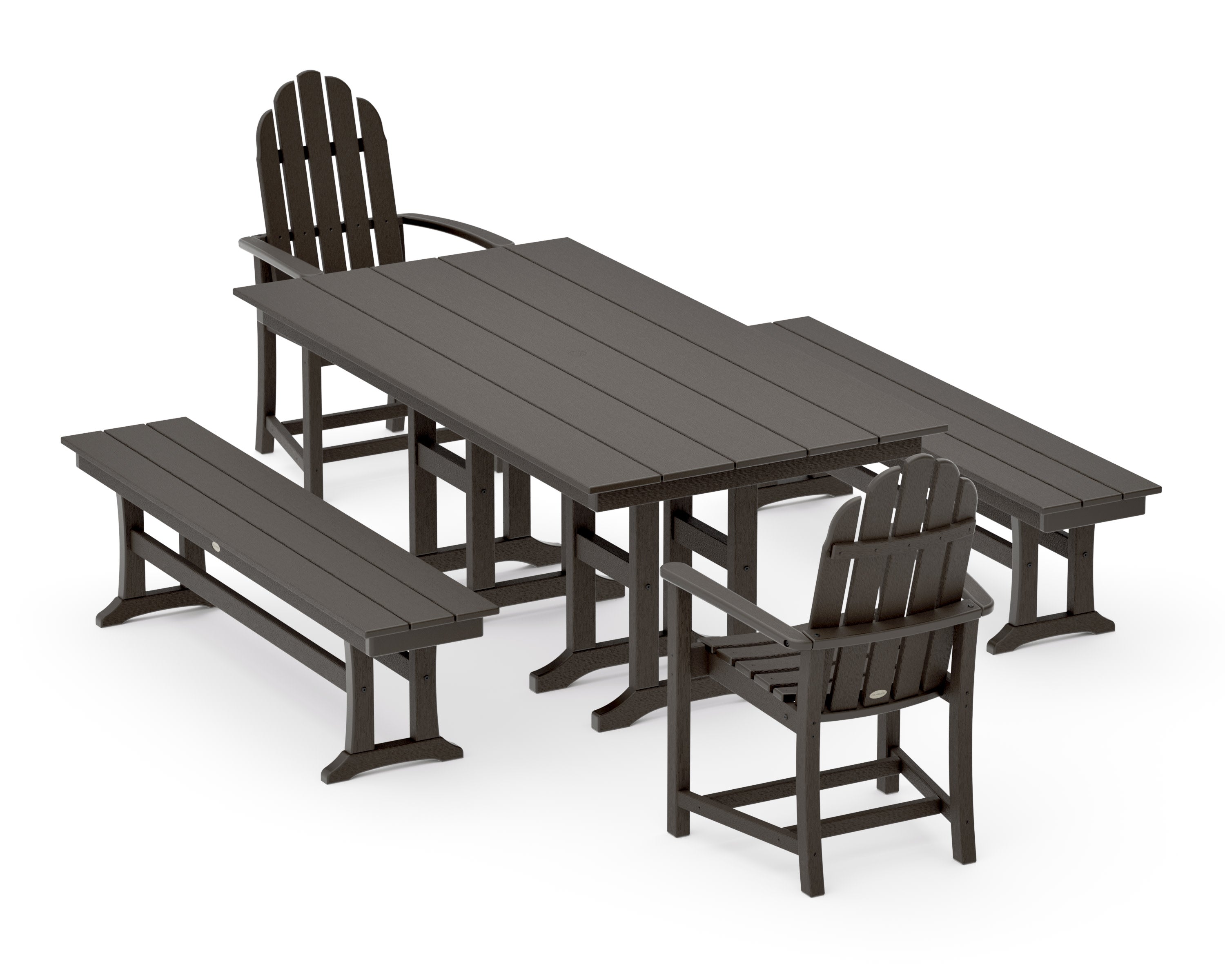 Classic Adirondack 5-Piece Farmhouse Dining Set with Benches in Vintage Coffee